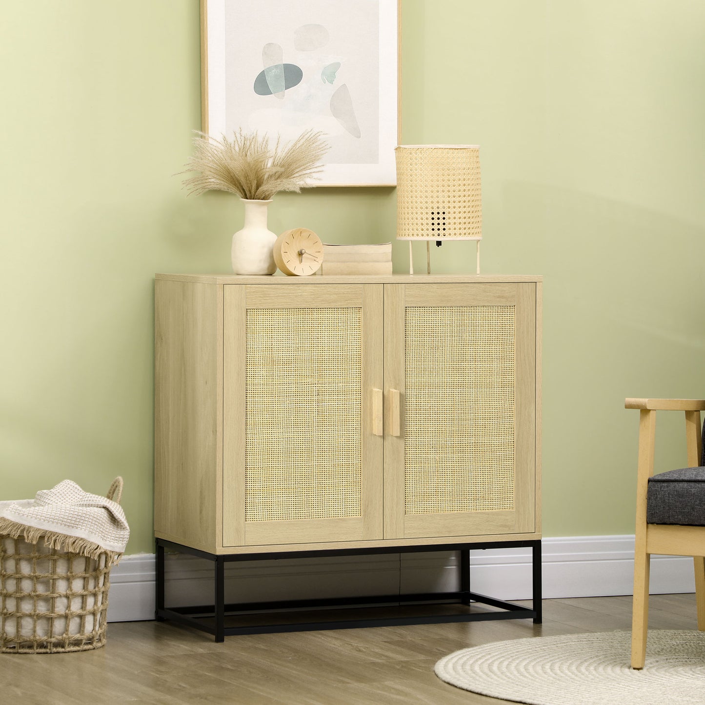 HOMCOM Wood Sideboard Accent Storage Cabinet with 2 Rattan Doors, Adjustable Shelf, and Steel Legs for Living Room Kitchen