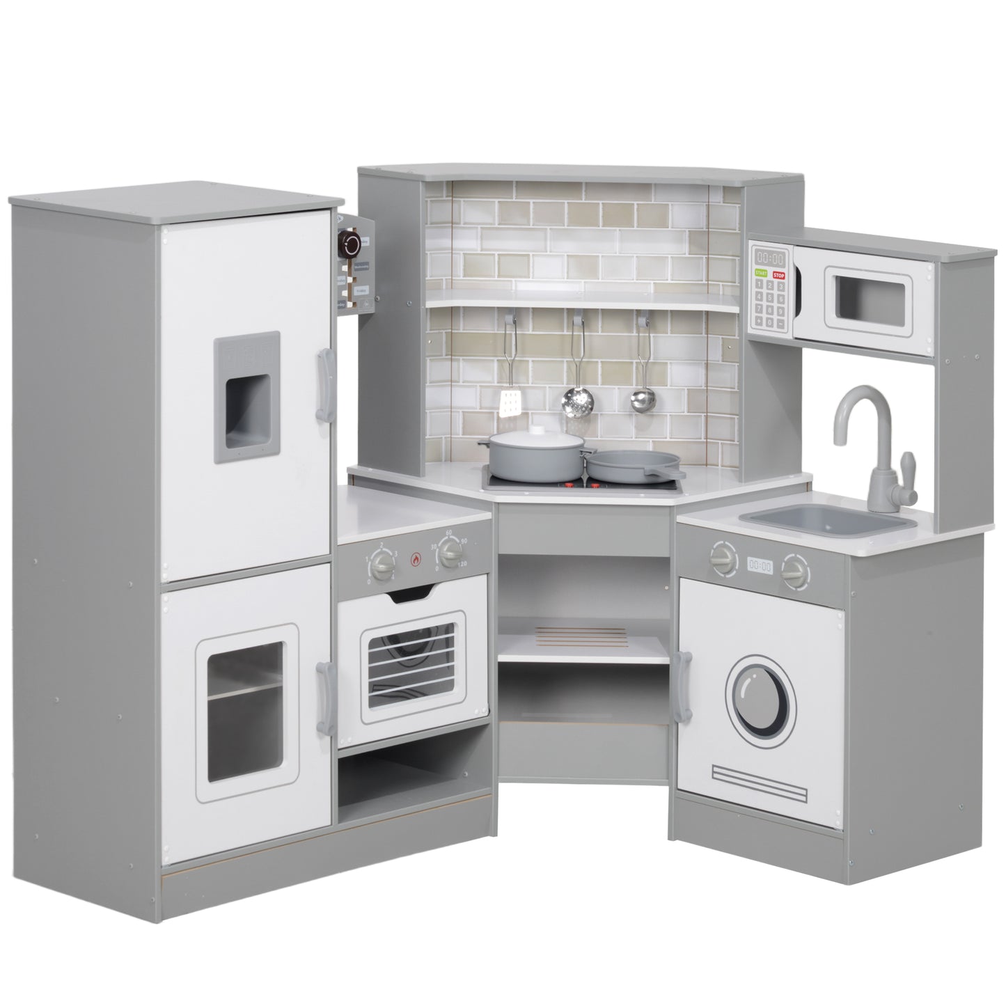 Qaba Corner Play Kitchen, Pretend Play Kitchen Set with Lights & Sounds, Stove Ice Maker Microwave Oven