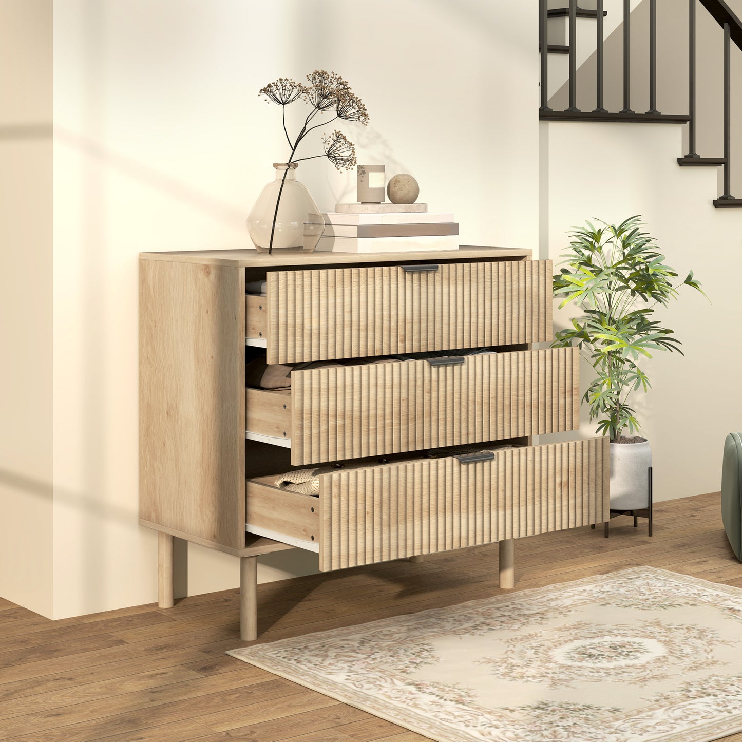 HOMCOM Bedroom Chest of Drawers, 3 Drawer Dresser with Fluted Panels and Solid Wood Legs, Storage Cabinet for Living Room, Oak
