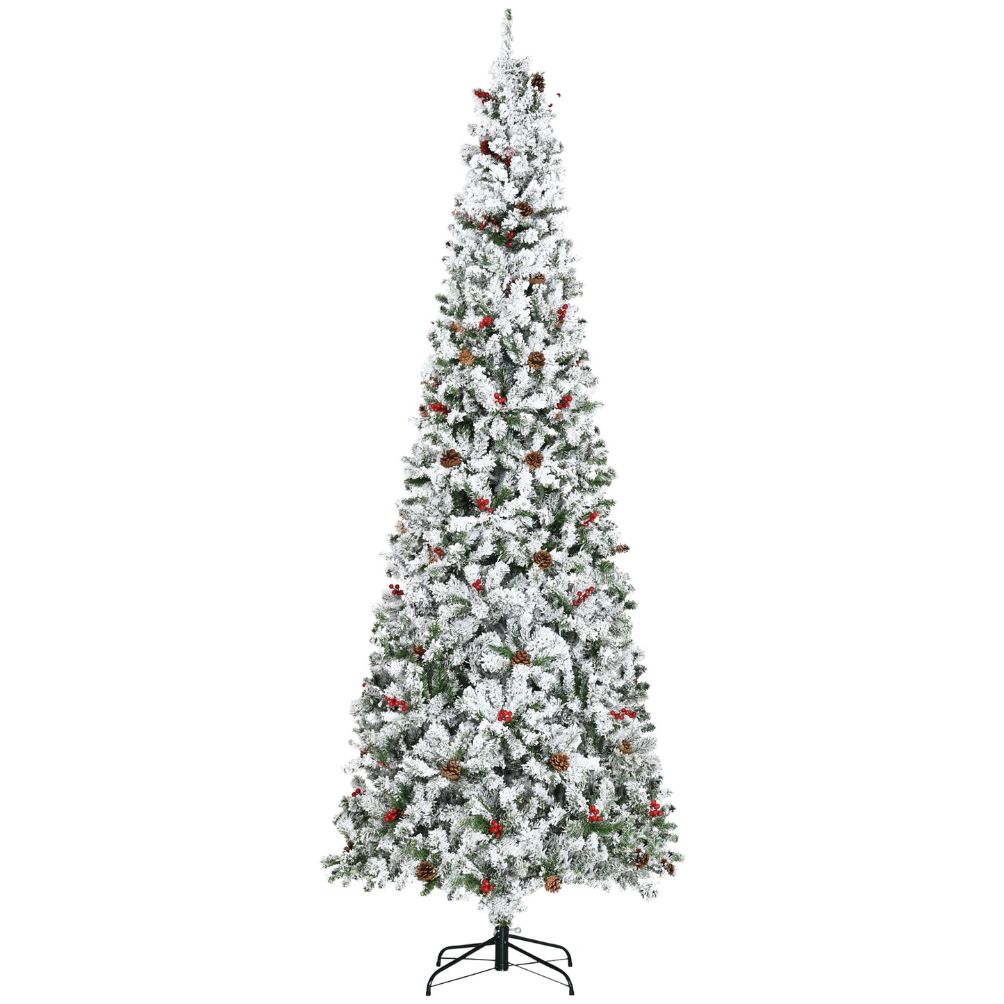 HOMCOM 9-foot Pencil Snow Flocked Artificial Christmas Tree with 1350 Pine Realistic Branches, Pine Cones, Red Berries, Auto Open, Green