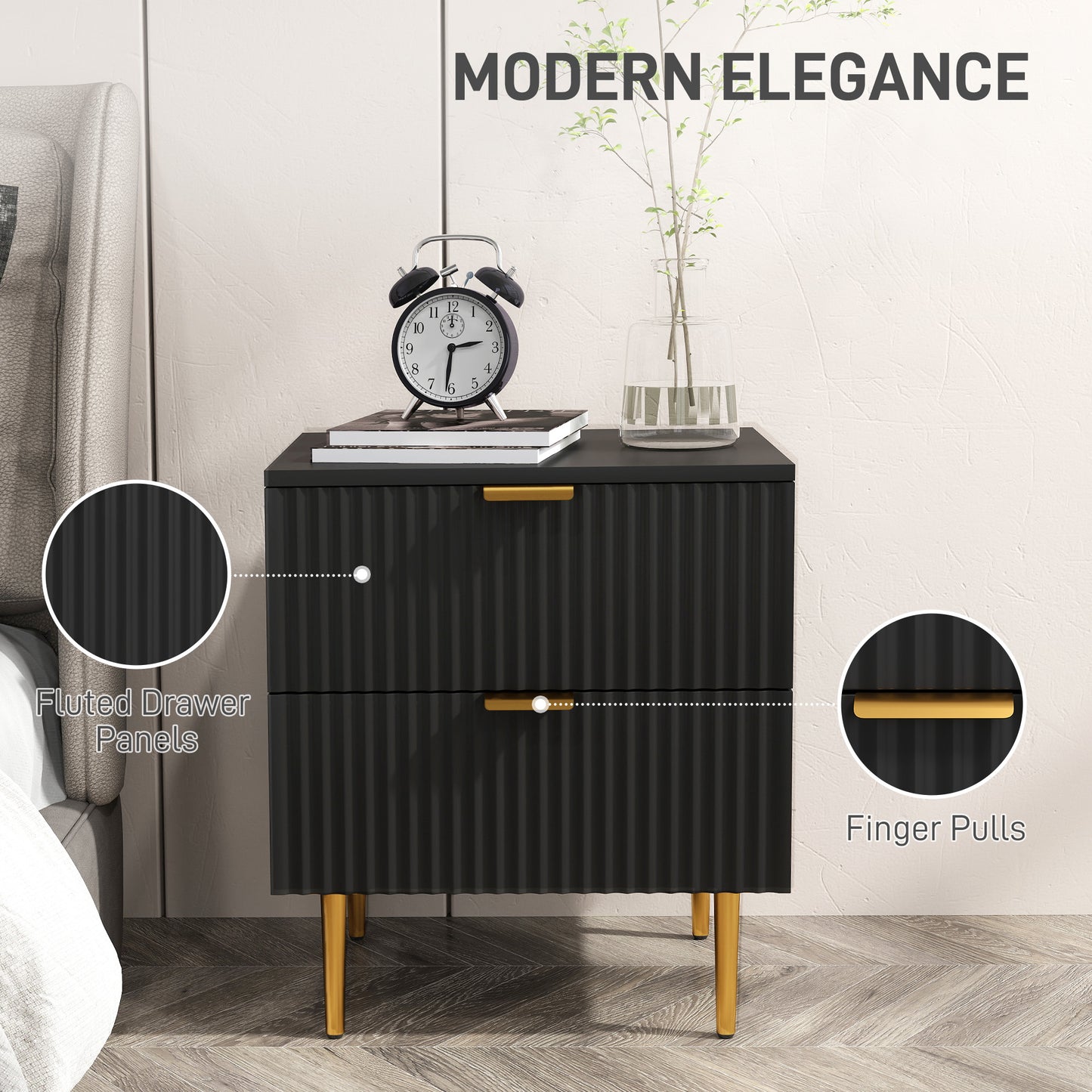 HOMCOM Bedside Table, Modern Nightstand with 2 Drawers, Side End Table with Metal Legs for Living Room, Bedroom, Black