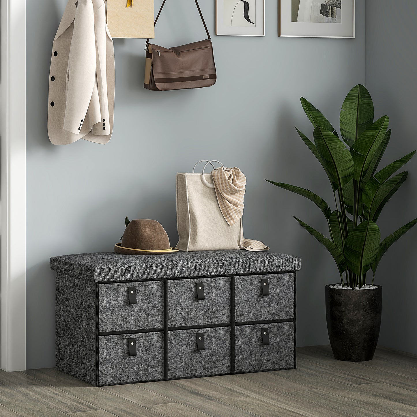 HOMCOM Shoe Bench with Seat, Shoe Storage Bench with Cushion and 6 Fabric Drawers for Entryway, Hallway, Bedroom, Charcoal Grey