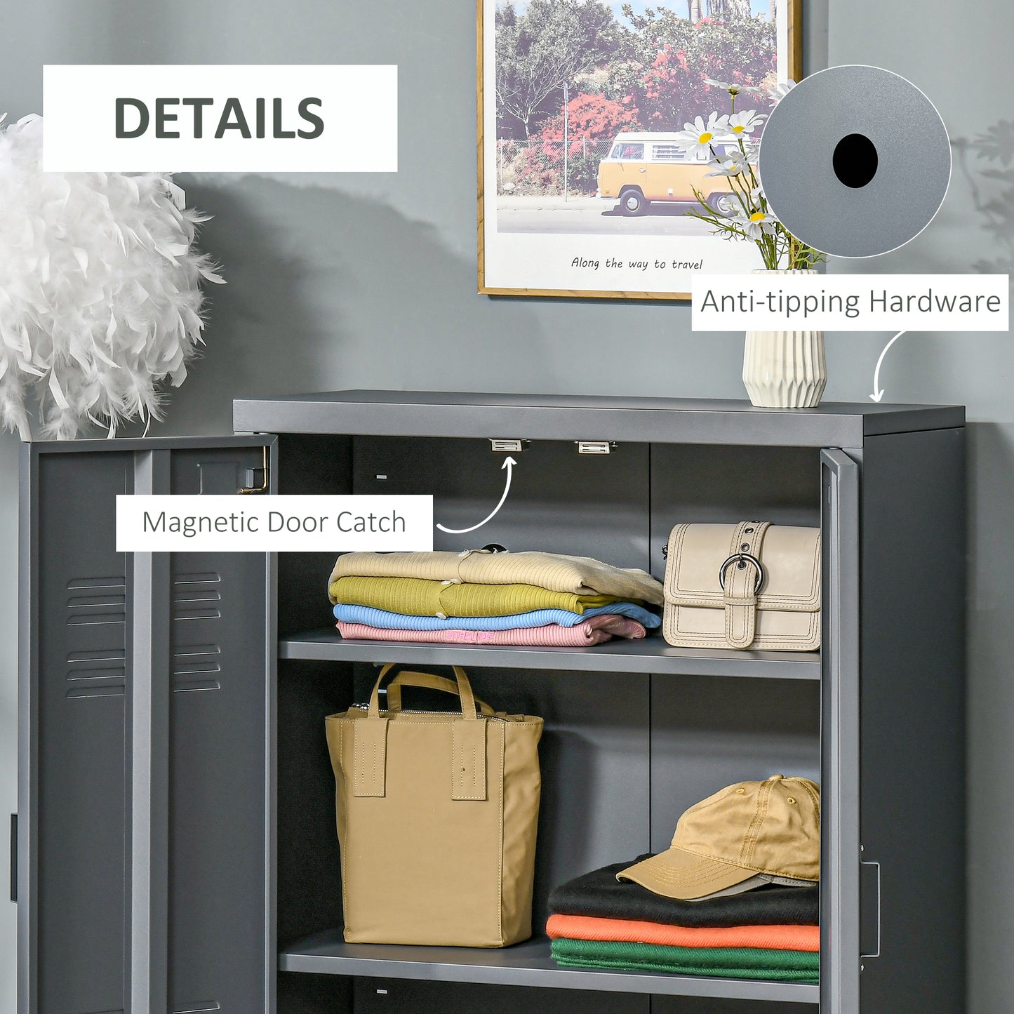 HOMCOM Metal Storage Cabinet, Industrial Sideboard Buffet Cabinet with 2 Louvered Doors, Adjustable Shelves, Grey