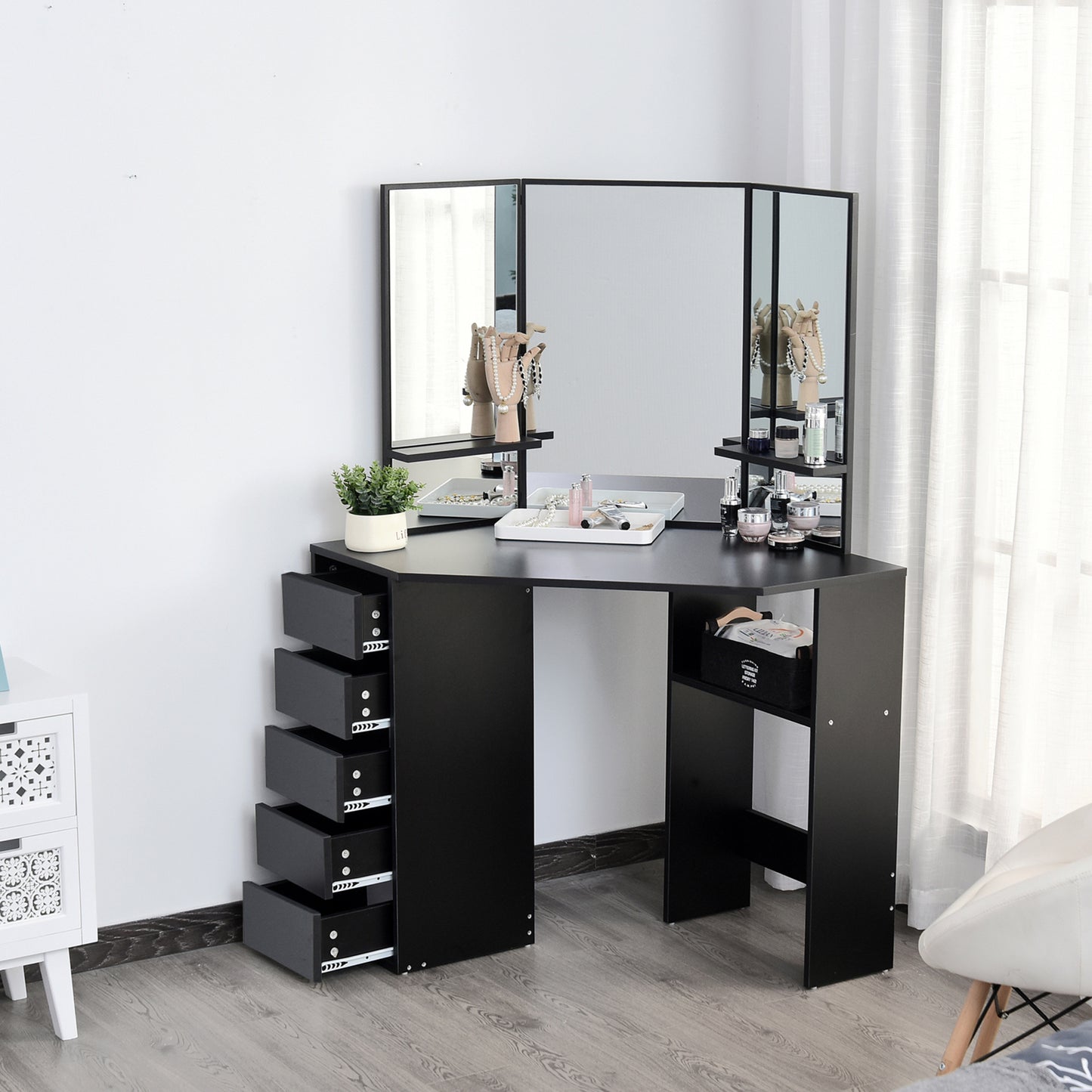 HOMCOM Corner Vanity Desk with Mirror, Makeup Vanity Table with 5 Drawers and Open Shelves, Dressing Table with 3-piece Mirror for Bedroom, Black