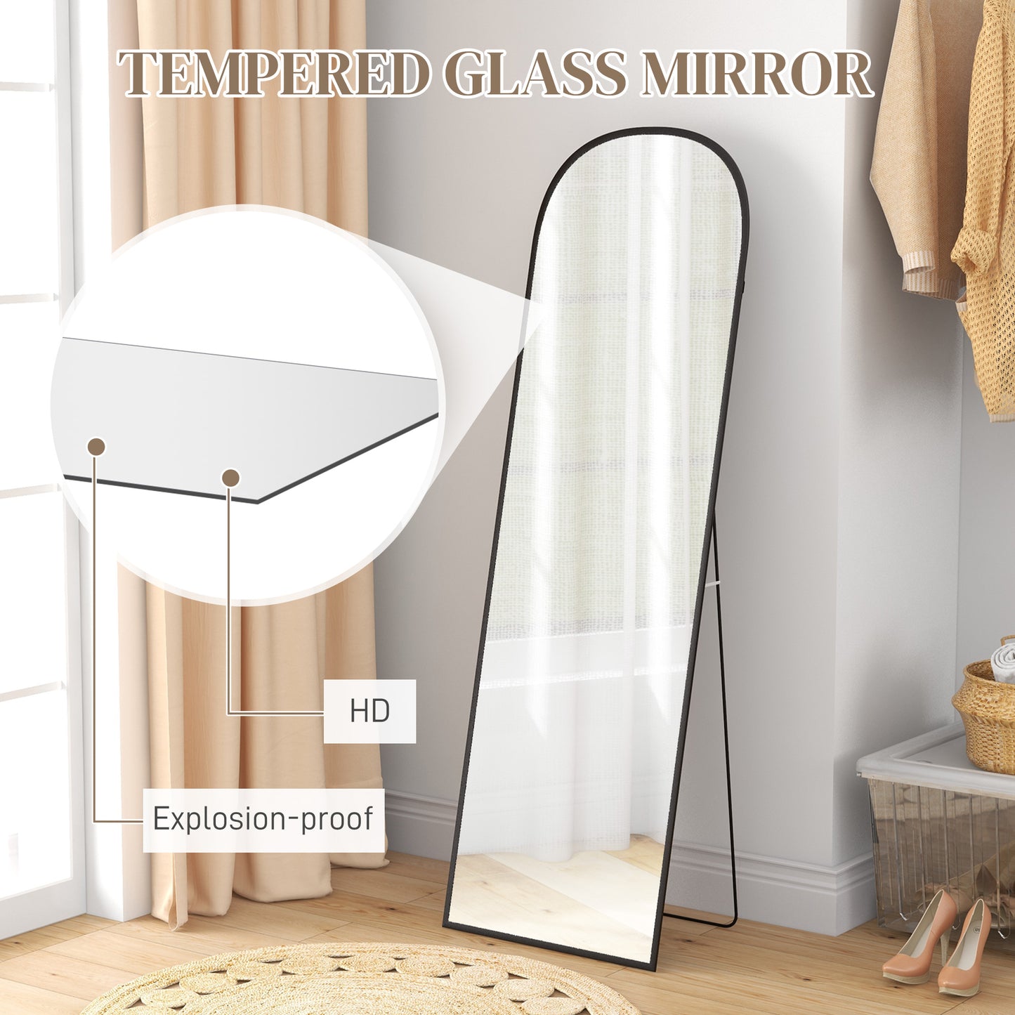 HOMCOM Arched Standing Mirror, 64" x 20" Full Length Mirror, Free Standing or Wall Mounted for Living Room, Bedroom, Black
