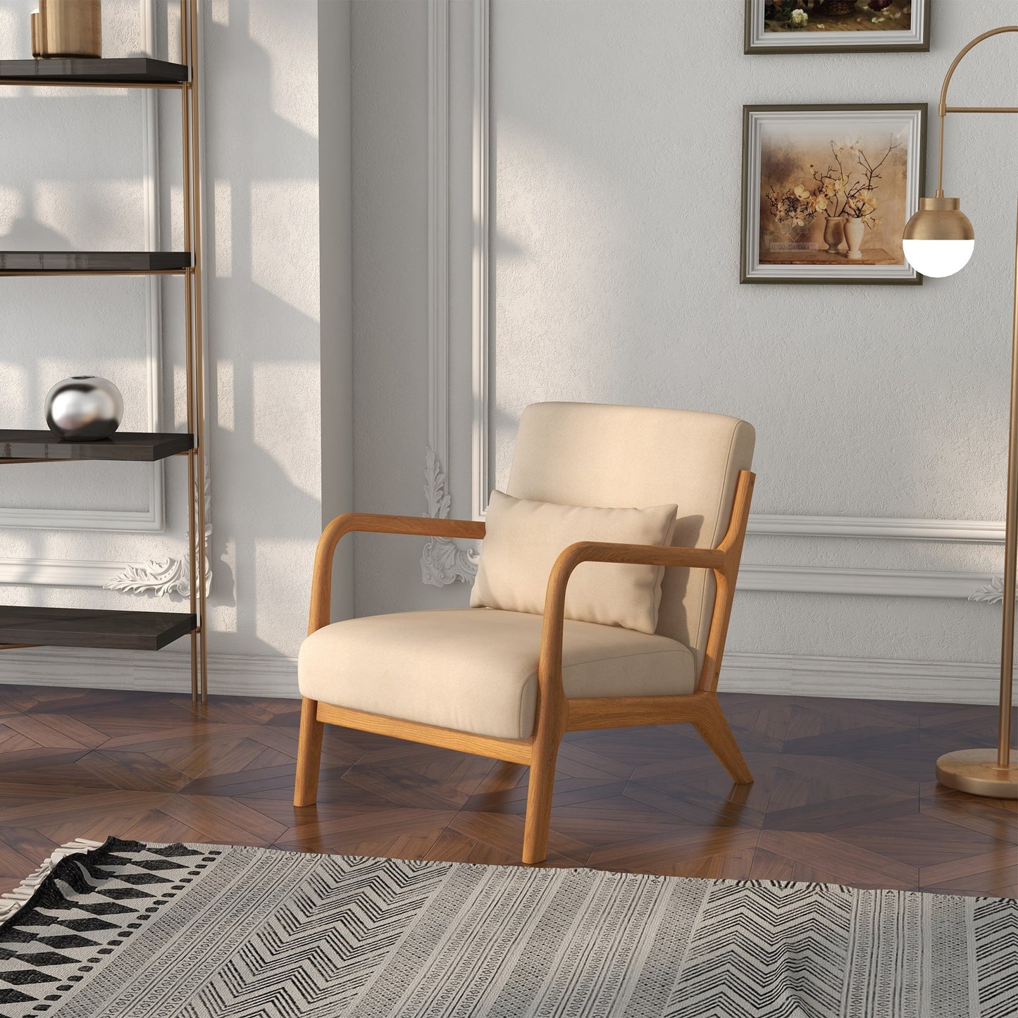 HOMCOM Armchair Upholstered Lounge Chair with Rubber Wood Frame Throw Pillows and Comfortable Cushion, White