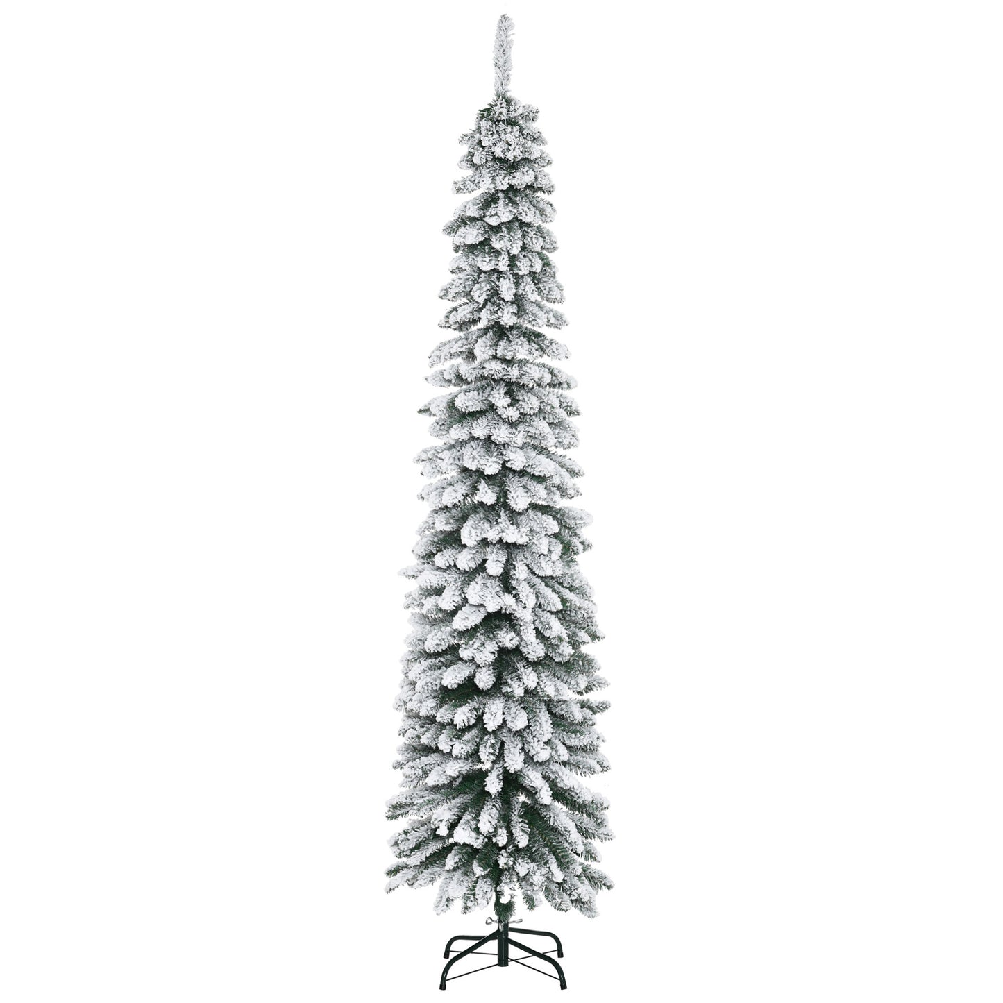 HOMCOM 6 Ft Snow-Flocked Artificial Christmas Tree, Slim Pencil Xmas Tree with Realistic Branches, Metal Base, Green