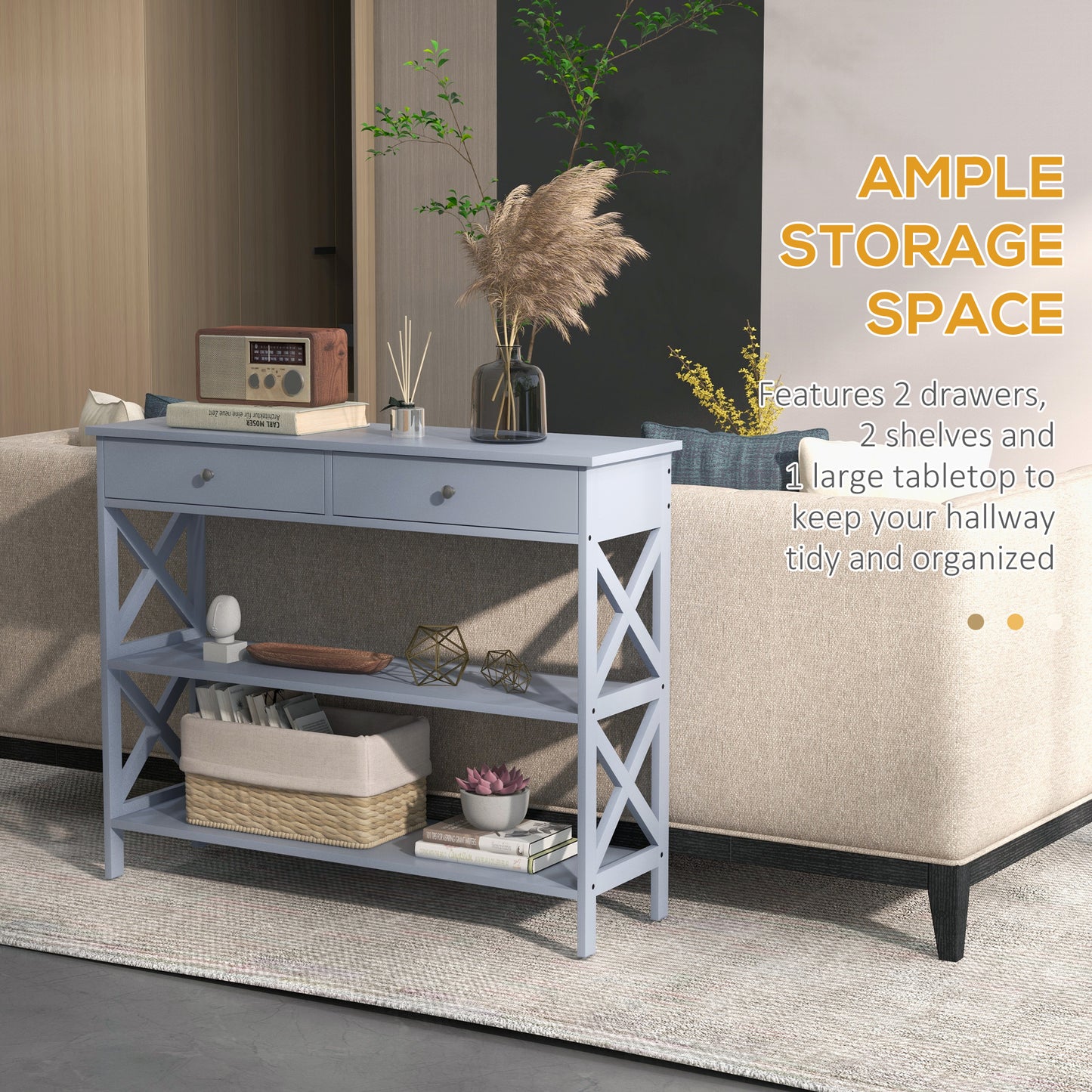 HOMCOM 39" Console Table, Narrow Entryway Table with Storage Shelves, Drawers and X Frame for Behind Couch, Living Room, Hallway, Black