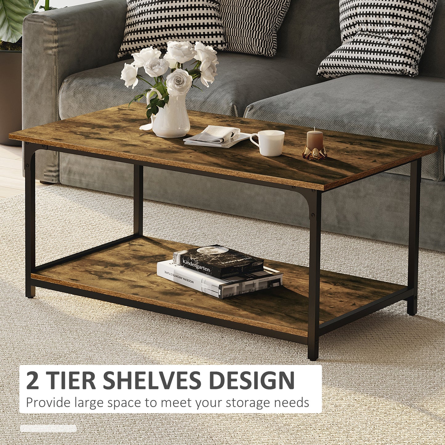 HOMCOM Industrial Coffee Table with Storage Shelf, 2-tier Center Table for Living Room, Rustic Brown
