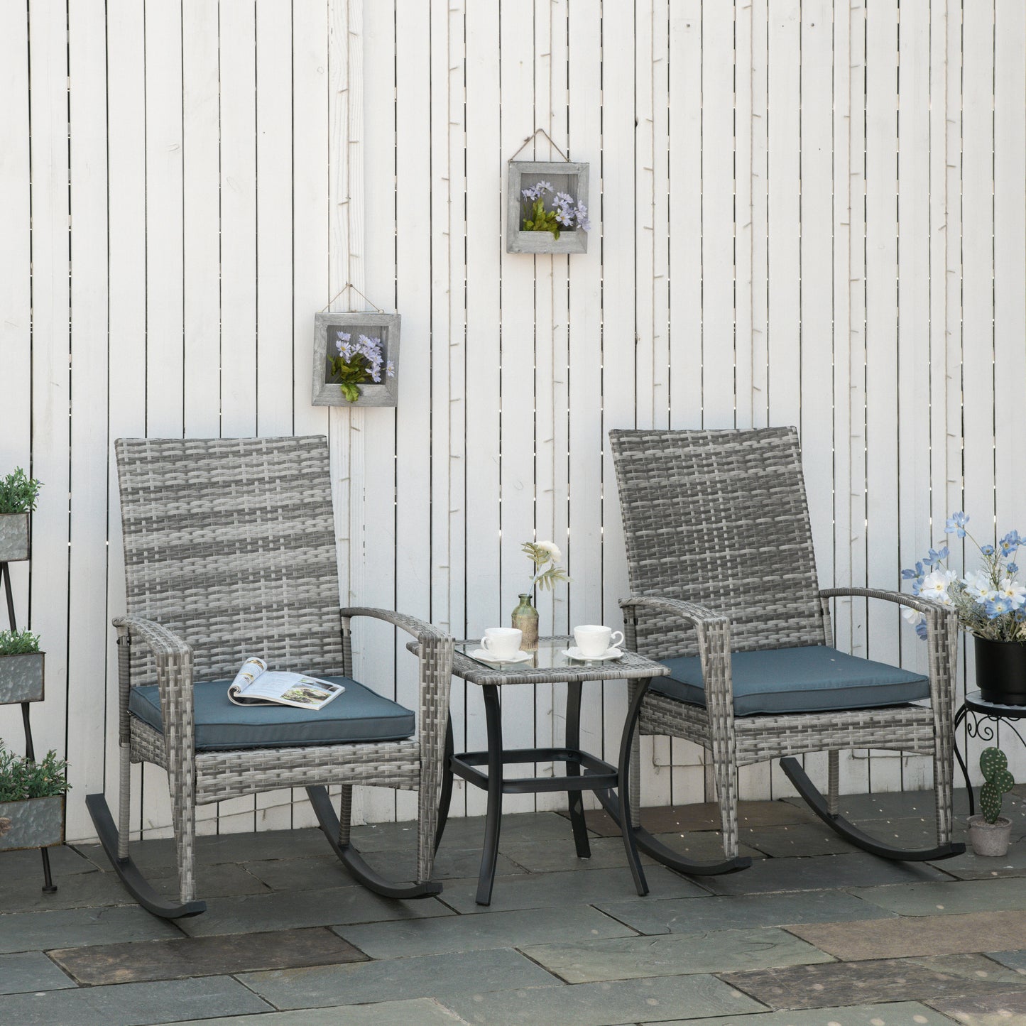 Outsunny 3 Pieces Patio Wicker Rocking Chair Set, Outdoor PE Rattan Bistro Set Conversation Rocker Set with 2 Chairs 1 Coffee Table for Backyard, Deck, Poolside, Dark Grey