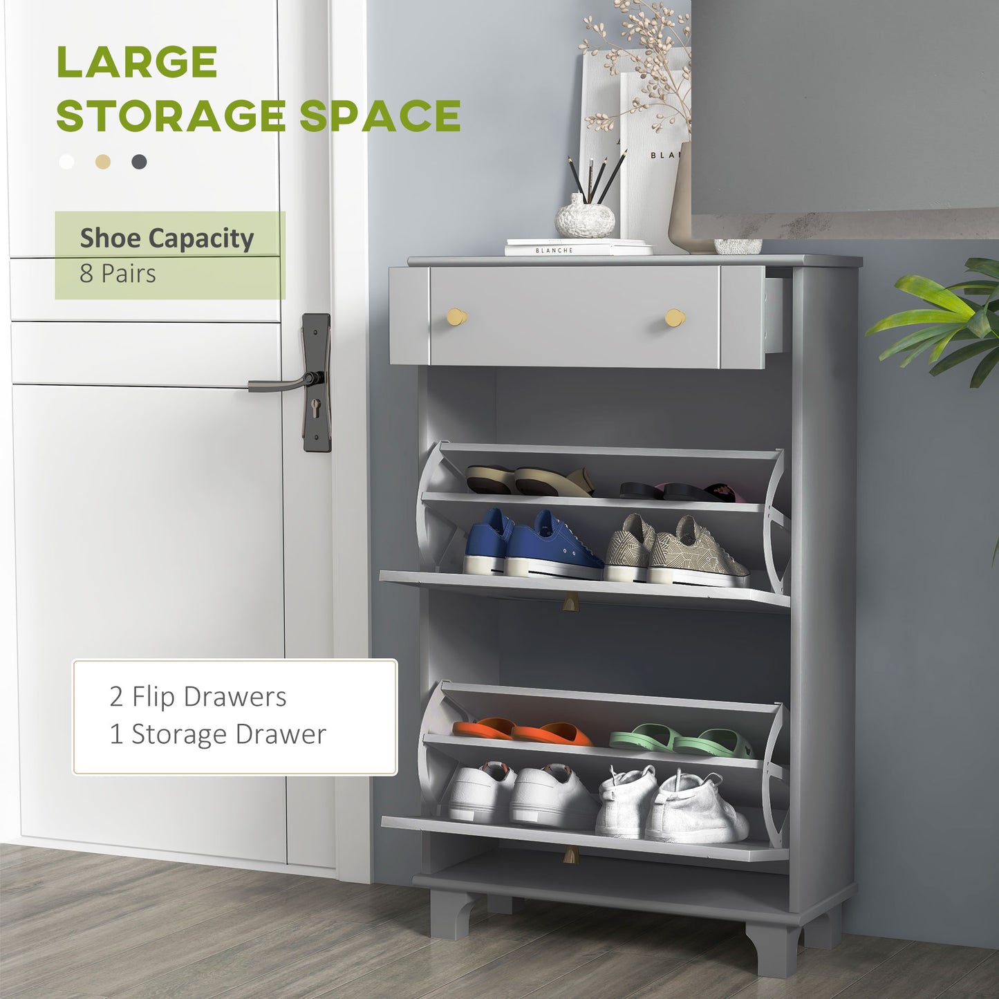 HOMCOM Slim Shoe Storage with 2 Flip Drawers and Adjustable Shelves Shoe Cabinet Organizer for 8 Pair, White