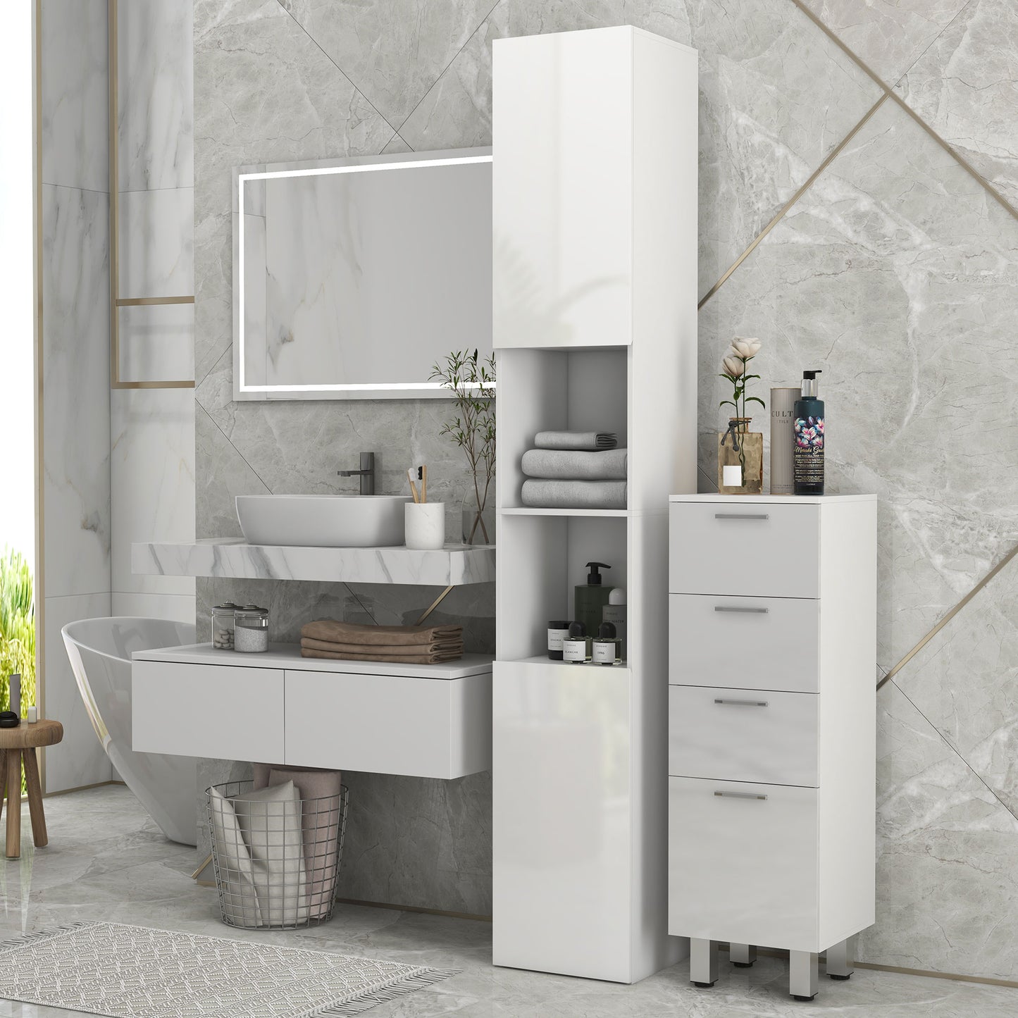 kleankin Tall Bathroom Cabinet, High Gloss Storage Cabinet with Doors and Adjustable Shelves, 11.8" x 11.8" x 71.5", White