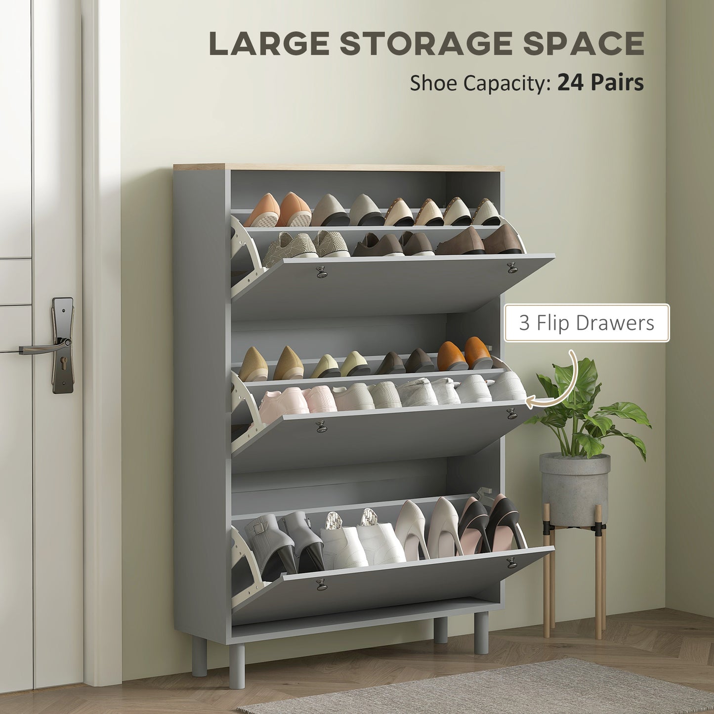 HOMCOM Shoe Storage with 3 Flip Drawers and Adjustable Shelves, Entryway Shoe Storage Cabinet for 24 Pairs of Shoes, Grey
