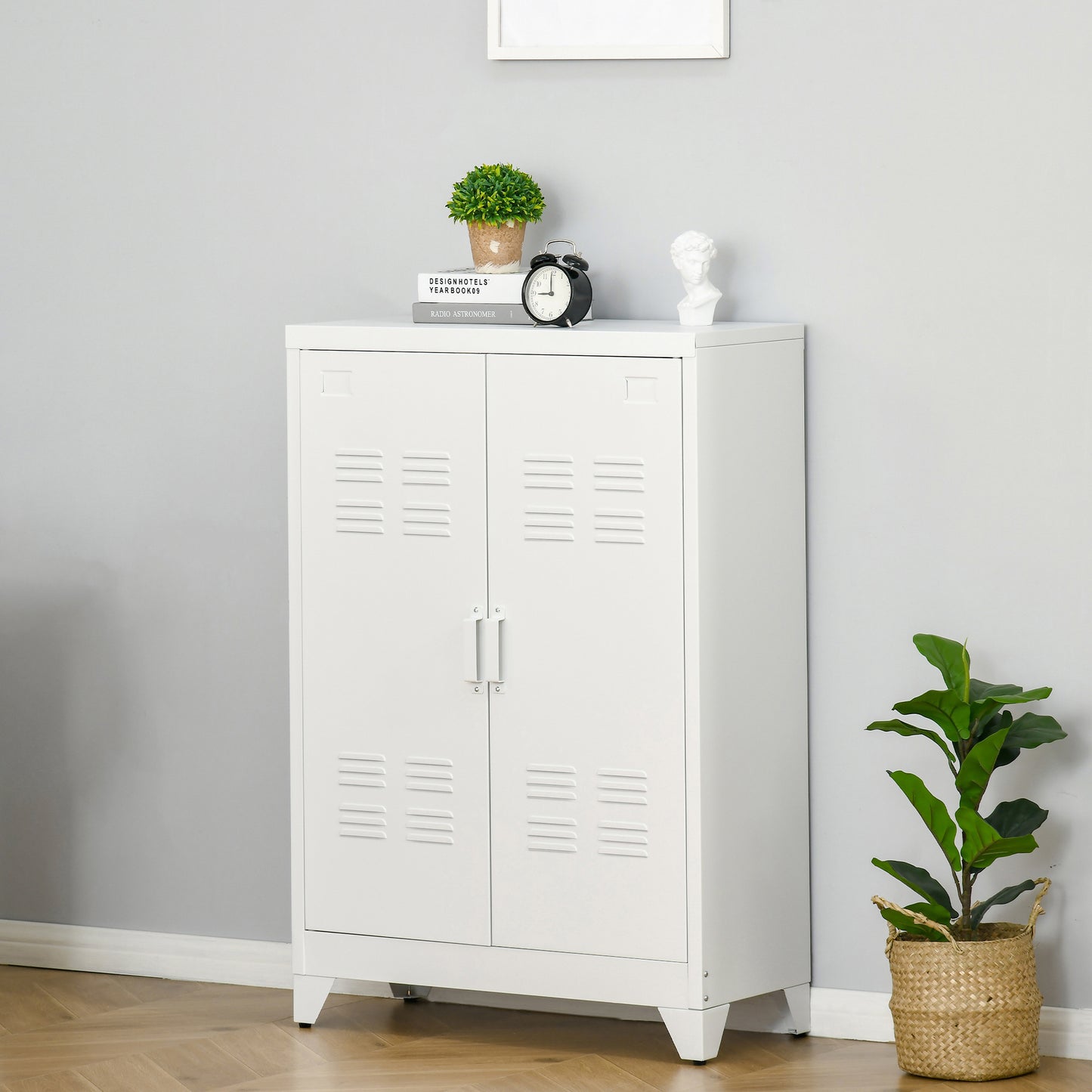 HOMCOM Metal Storage Cabinet, Industrial Sideboard Buffet Cabinet with 2 Louvered Doors, Adjustable Shelves, Grey