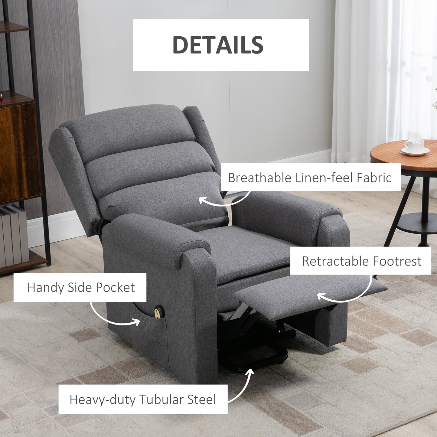 HOMCOM Lift Chair for Elderly, Power Chair Recliner with Footrest, Remote Control, Side Pockets for Living Room, Grey