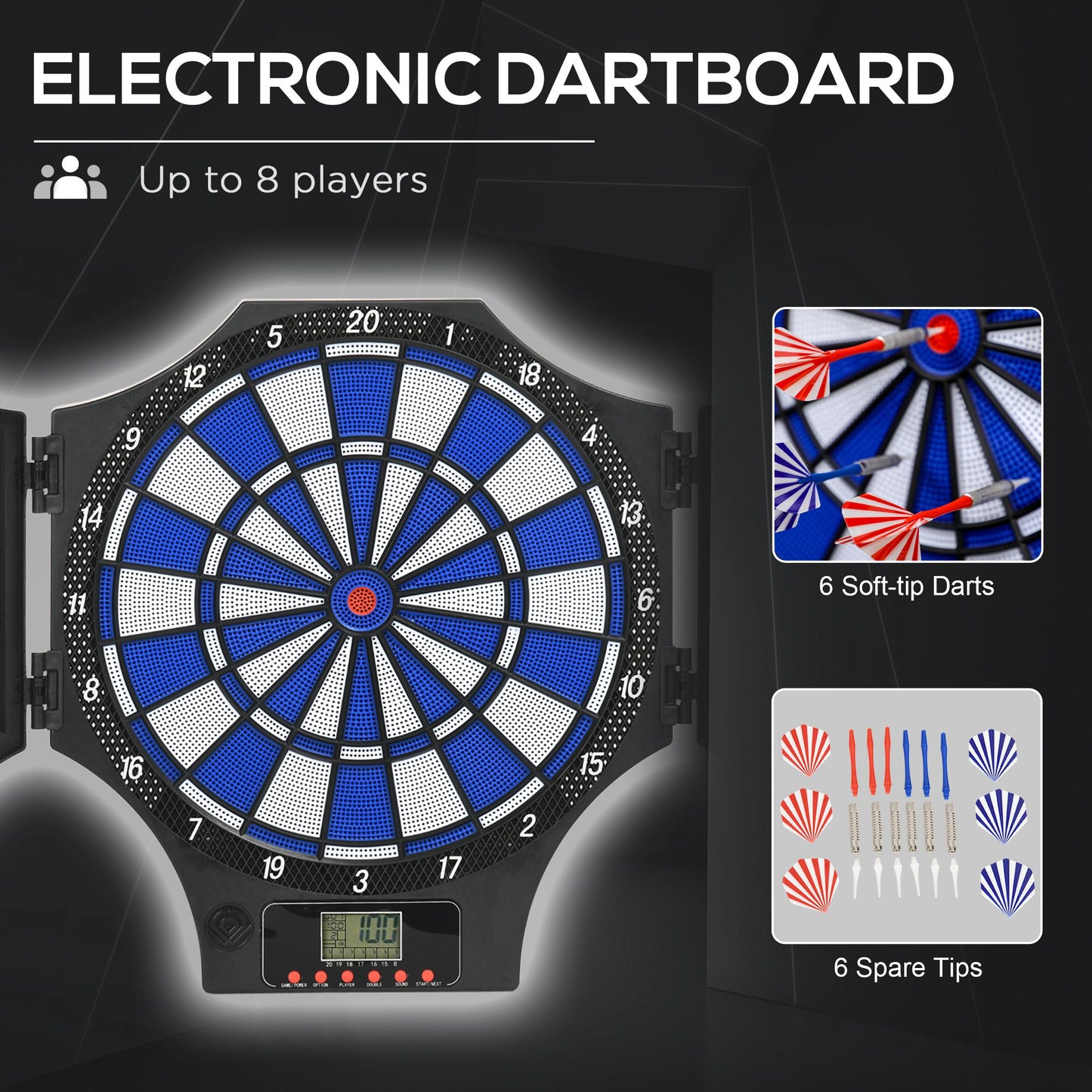 Soozier Electronic Dartboard Set with 31 Games and 285 Programs for 8 Players, Soft Tip Dart Board Set with Cabinet, 6 Darts and 6 Spare Tips, LCD Display