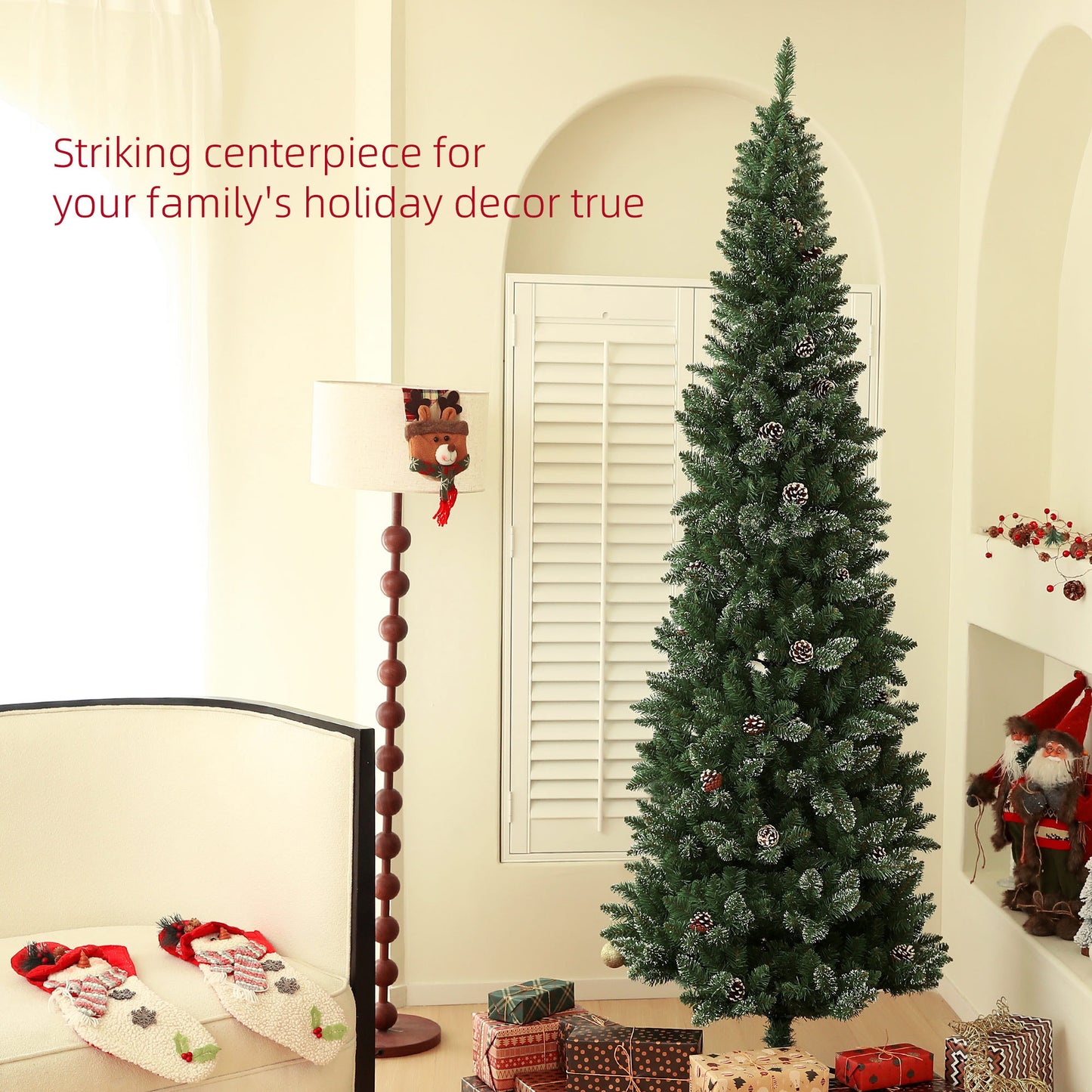 HOMCOM 6ft Artificial Pencil Christmas Tree with 618 Branches, Pinecones, Metal Stand, Realistic Xmas Tree for Home