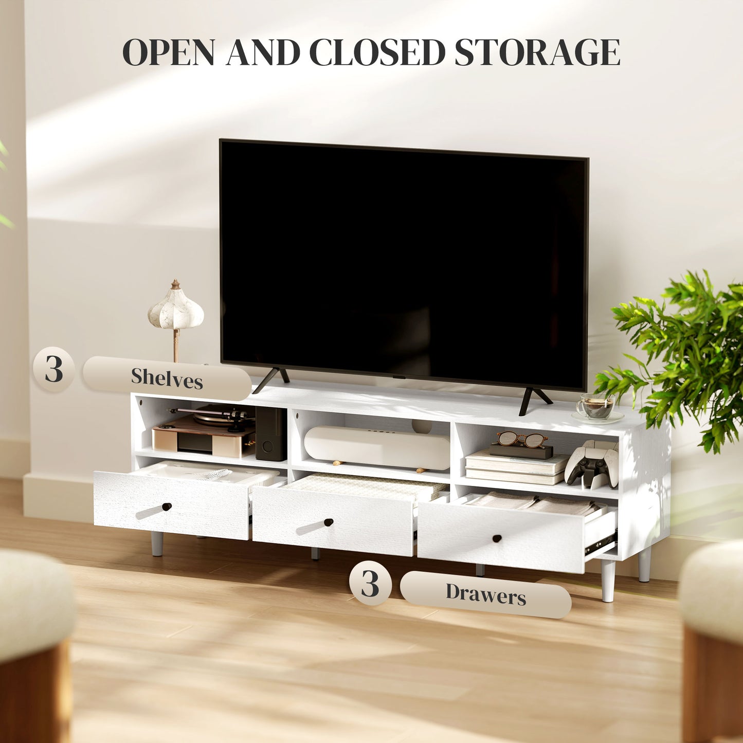 HOMCOM TV Stand for up to 75 Inches, TV Table with 3 Storage Shelves, 3 Drawers for Living Room, Bedroom, White