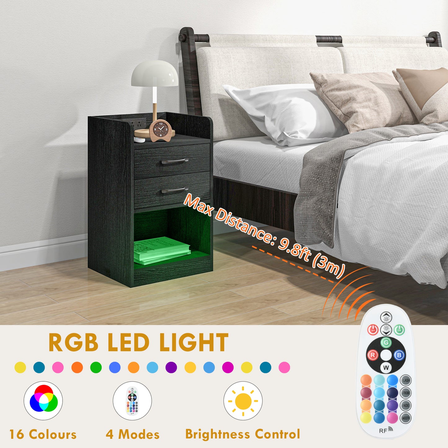 HOMCOM Tall Nightstand with Charging Station and LED Lights, Small Bedside Table with AC Outlets, USB Ports, 2 Drawers, Shelf