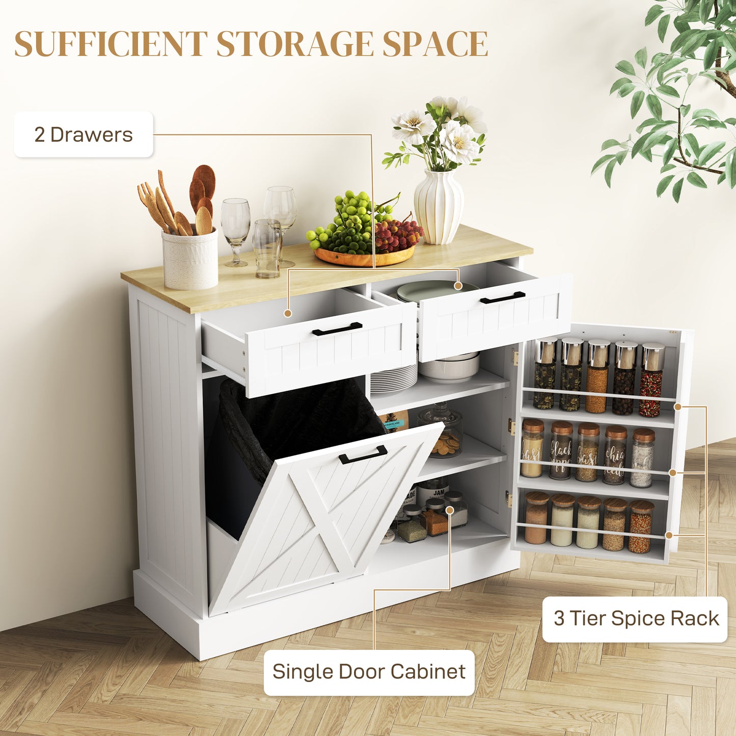 HOMCOM 10 Gallon Hidden Garbage Bin Cabinet, Tilt Out Trash Cabinet w/ 2 Drawers, Freestanding Kitchen Island, Black
