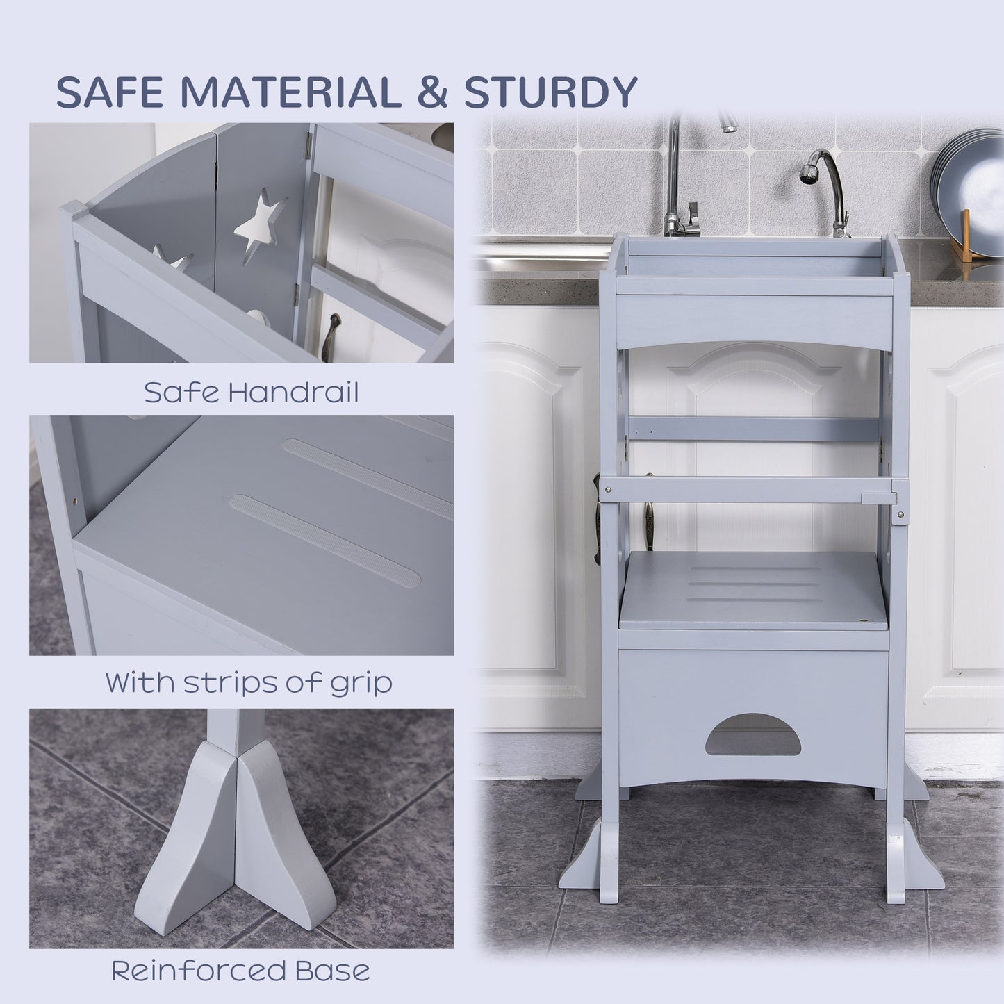 Qaba Step Stool with Safety Rail and Support Handles Kitchen Counter Step-up Helper