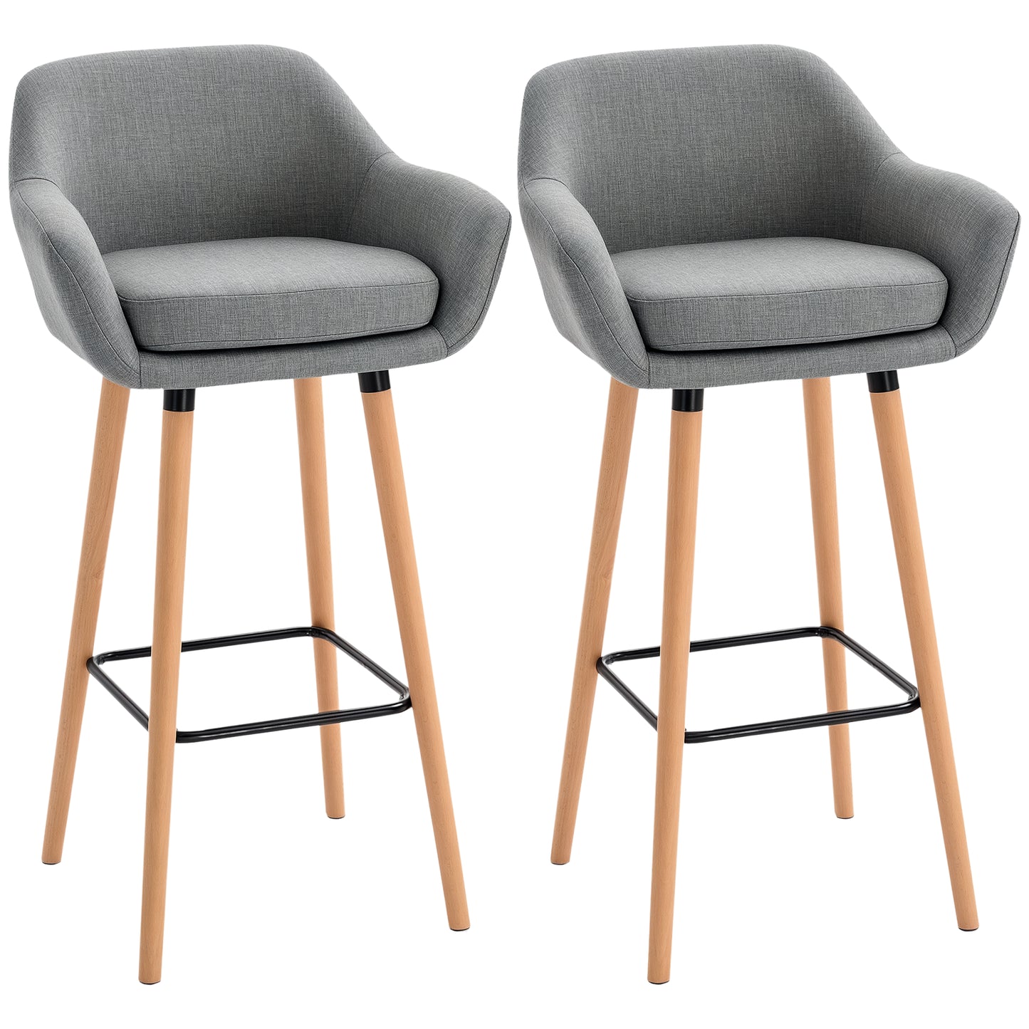 HOMCOM Modern Upholstered Fabric Seat Bar Stools Chairs Set of 2 with Metal Frame, Solid Wood Legs Living Room Dining Room Furniture Grey