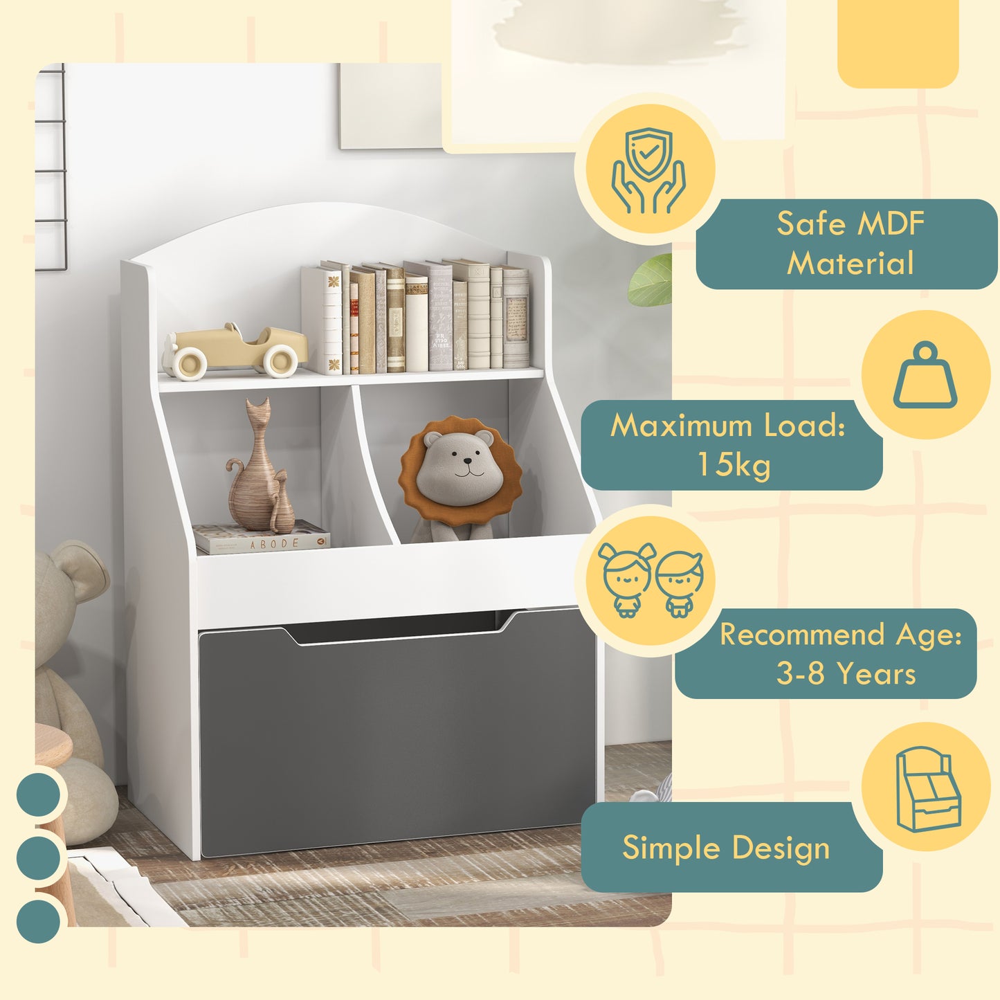 Qaba 3 Tier Kids Bookcase with Drawer, 2 Storage Compartment, for Nursery, Playroom, Bedroom, Classroom, White