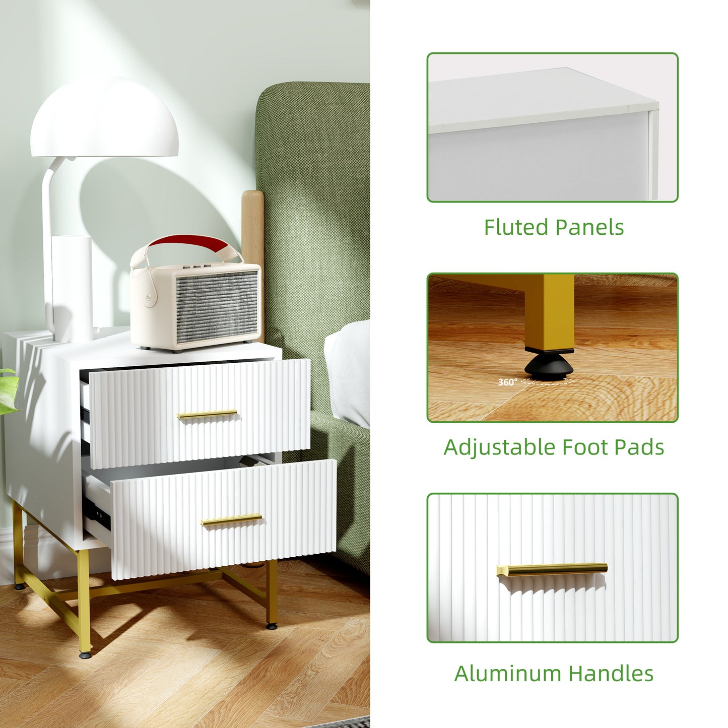 HOMCOM 2 Pieces Nightstands with Storage, Modern Bedside Tables with 2 Fluted Drawers and Gold Legs for Bedroom, White