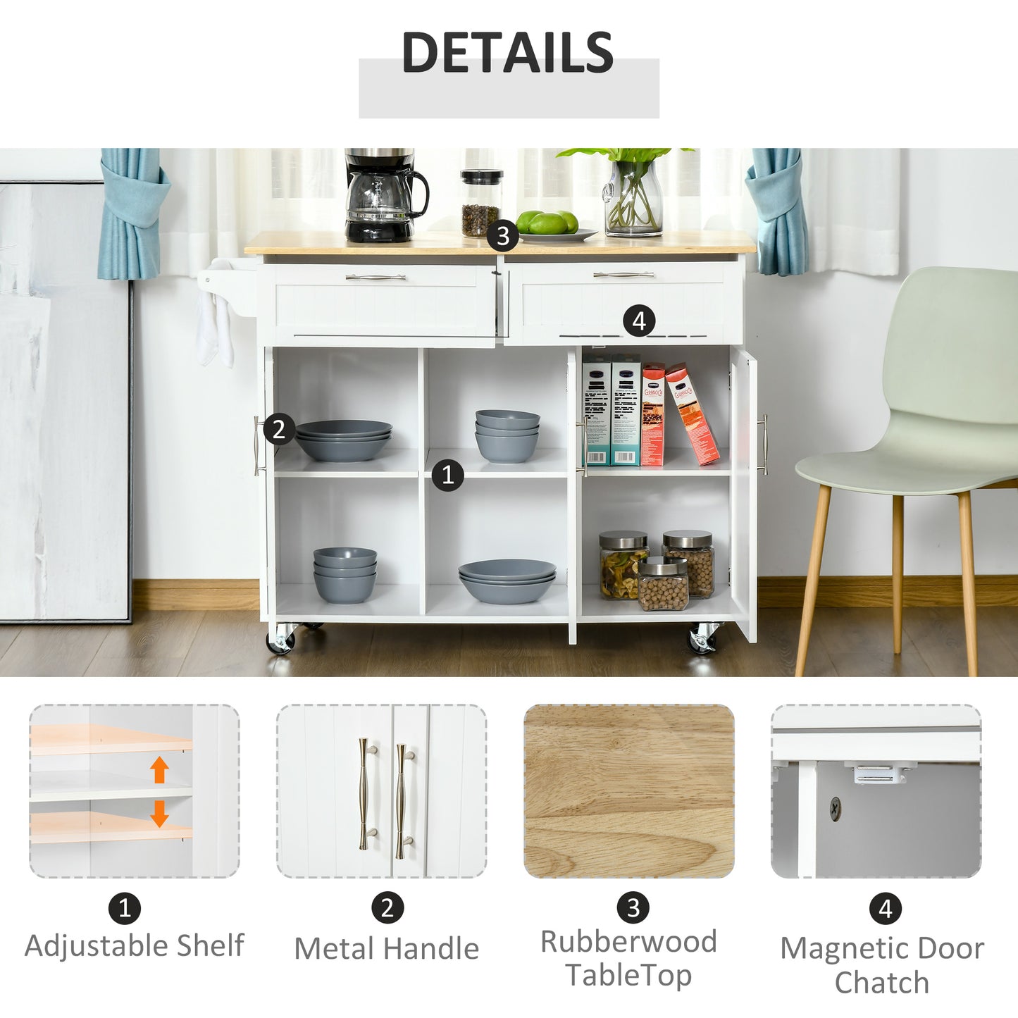 HOMCOM Modern Kitchen Island, Utility Kitchen Serving Cart with 2 Storage Drawers & Cabinets for Dining Room, Black