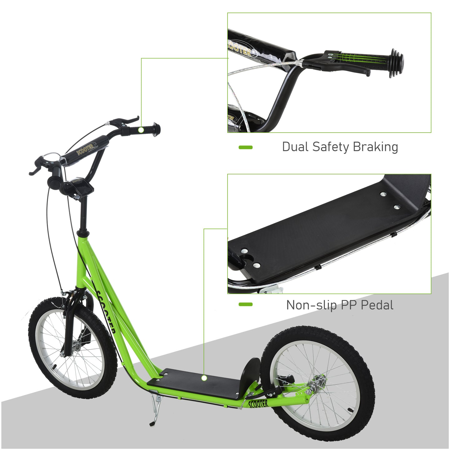 Aosom Kids Kick Scooter for 5+ Year Old, Kids Ride on Toy w/ 16'' Inflatable Wheel Dual Brakes, Black