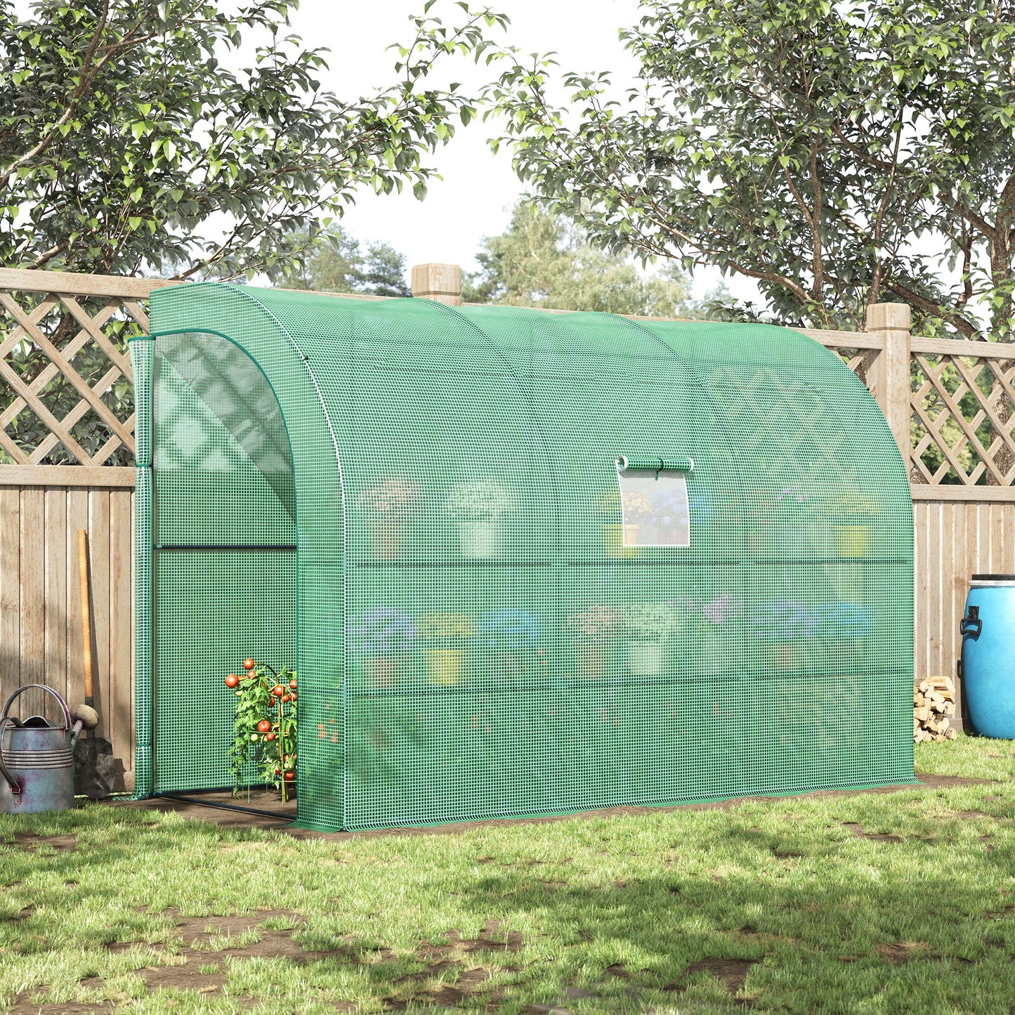Outsunny Walk-in Wall Lean-to Greenhouse, 10' x 5' x 7' Outdoor Gardening Green House with PE Cover, Windows, Shelves and 2 Zipper Doors, Green