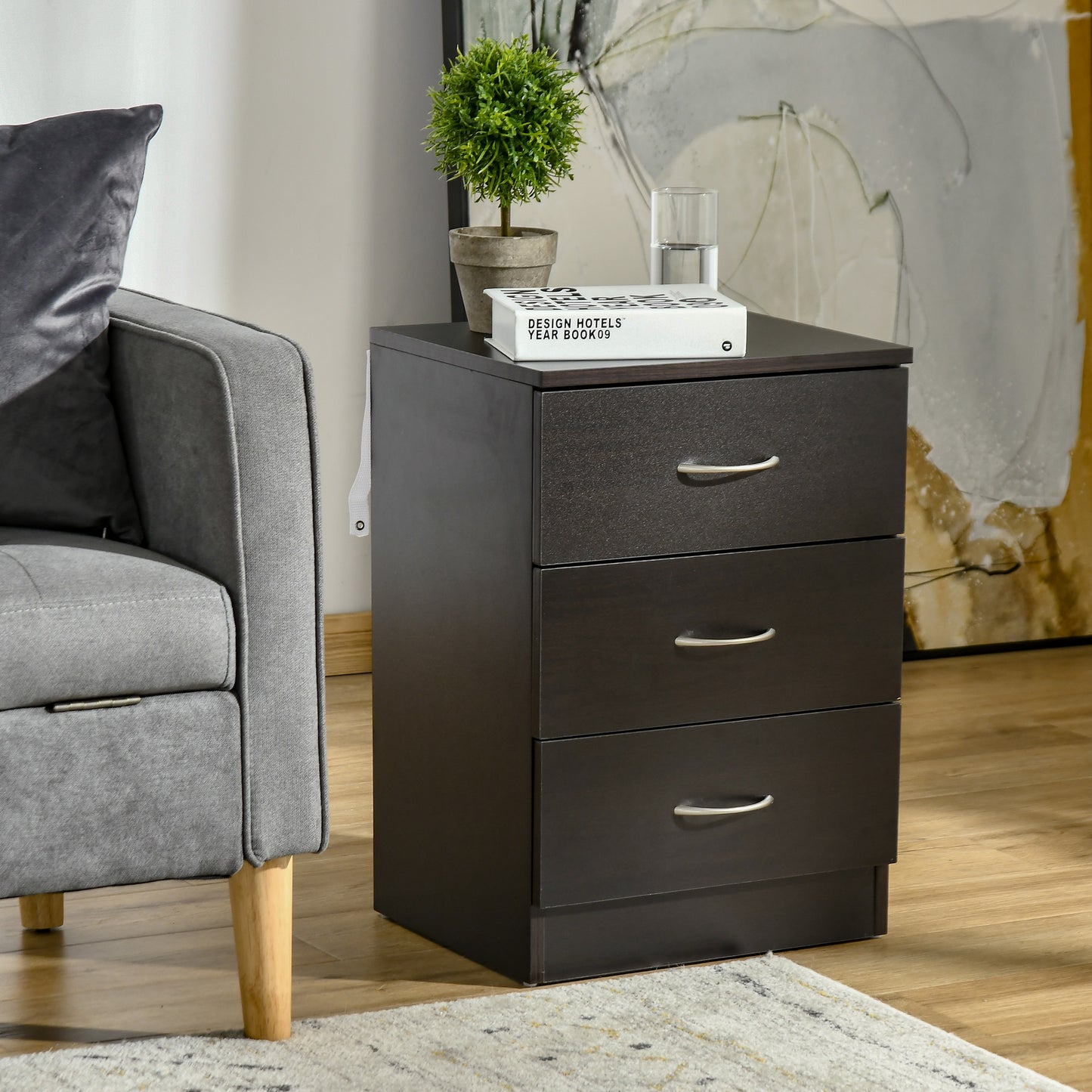 HOMCOM Bedside Table, Modern Night Stand with 3 Drawers and Metal Rail for Bedroom, Dark Brown