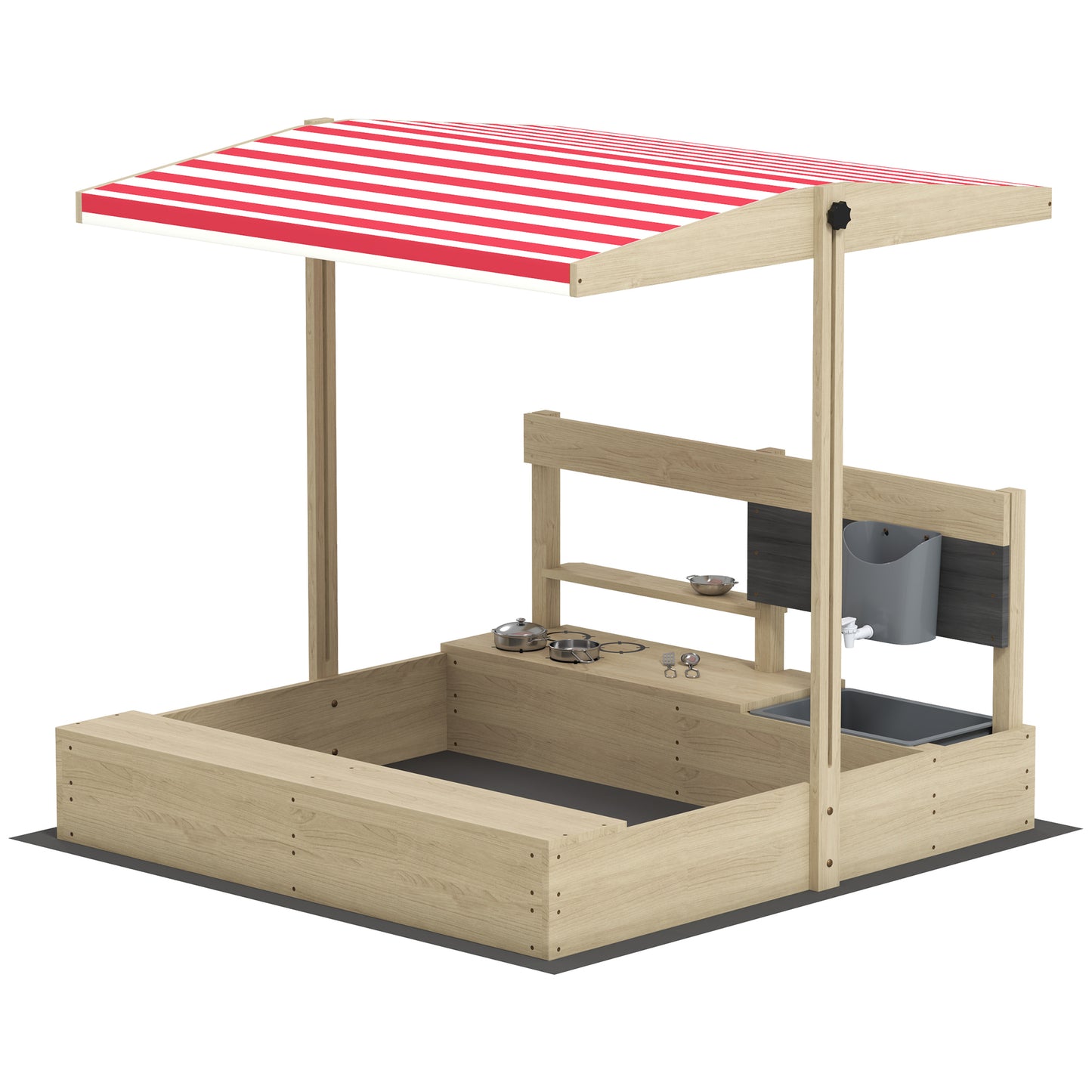 Outsunny Kids Sandbox with Cover Kitchen Playset Toys, Wooden Sand Box with Seat, Storage, for 3-7 Years Old, Grey