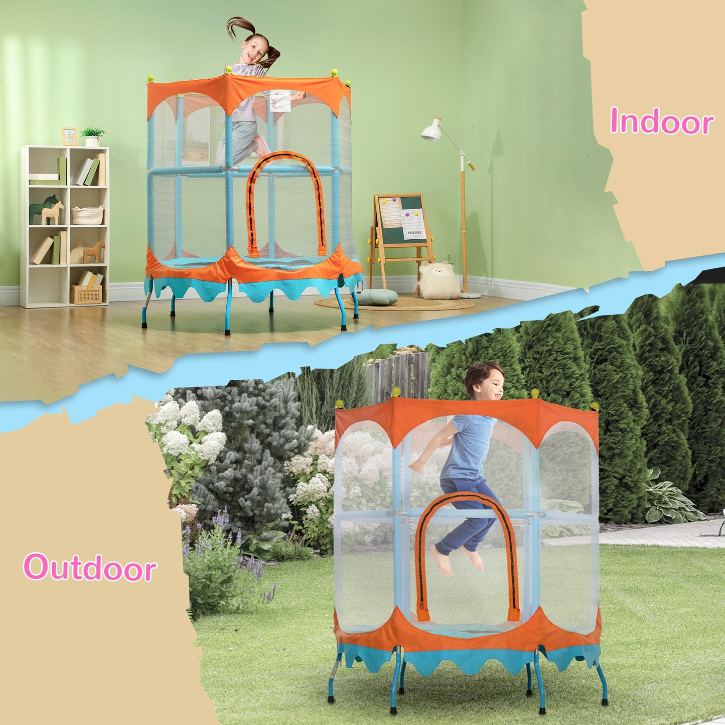 Qaba Trampoline for Kids, 4.6FT Mini Toddler Trampoline Indoor Outdoor with Handlebar, Safety Enclosure Net, Blue