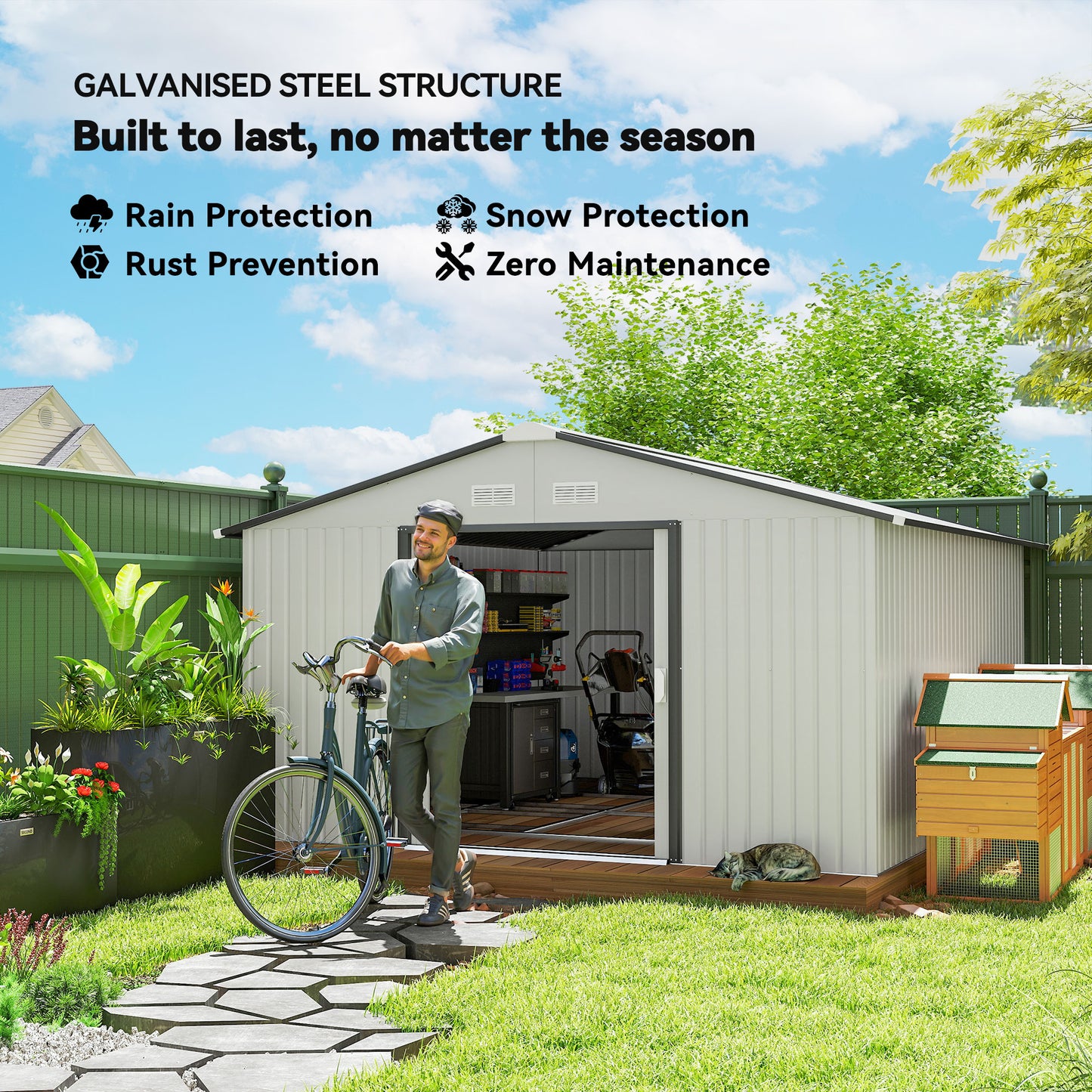 Outsunny 11' x 13'Garden Storage Shed w/ Foundation Kit Metal Tool Storage House w/ Double Doors Yellow