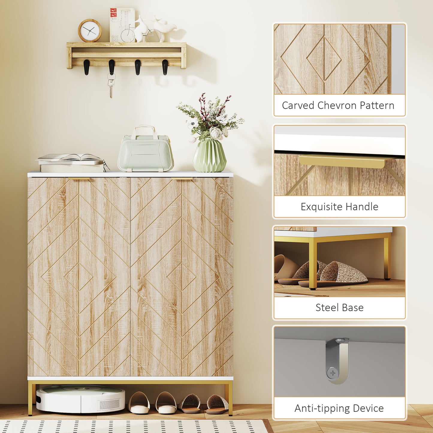 HOMCOM Shoe Storage Cabinet for 15 Pairs, Freestanding Shoe Cabinet with Doors and Adjustable Shelves for Hallway, Oak