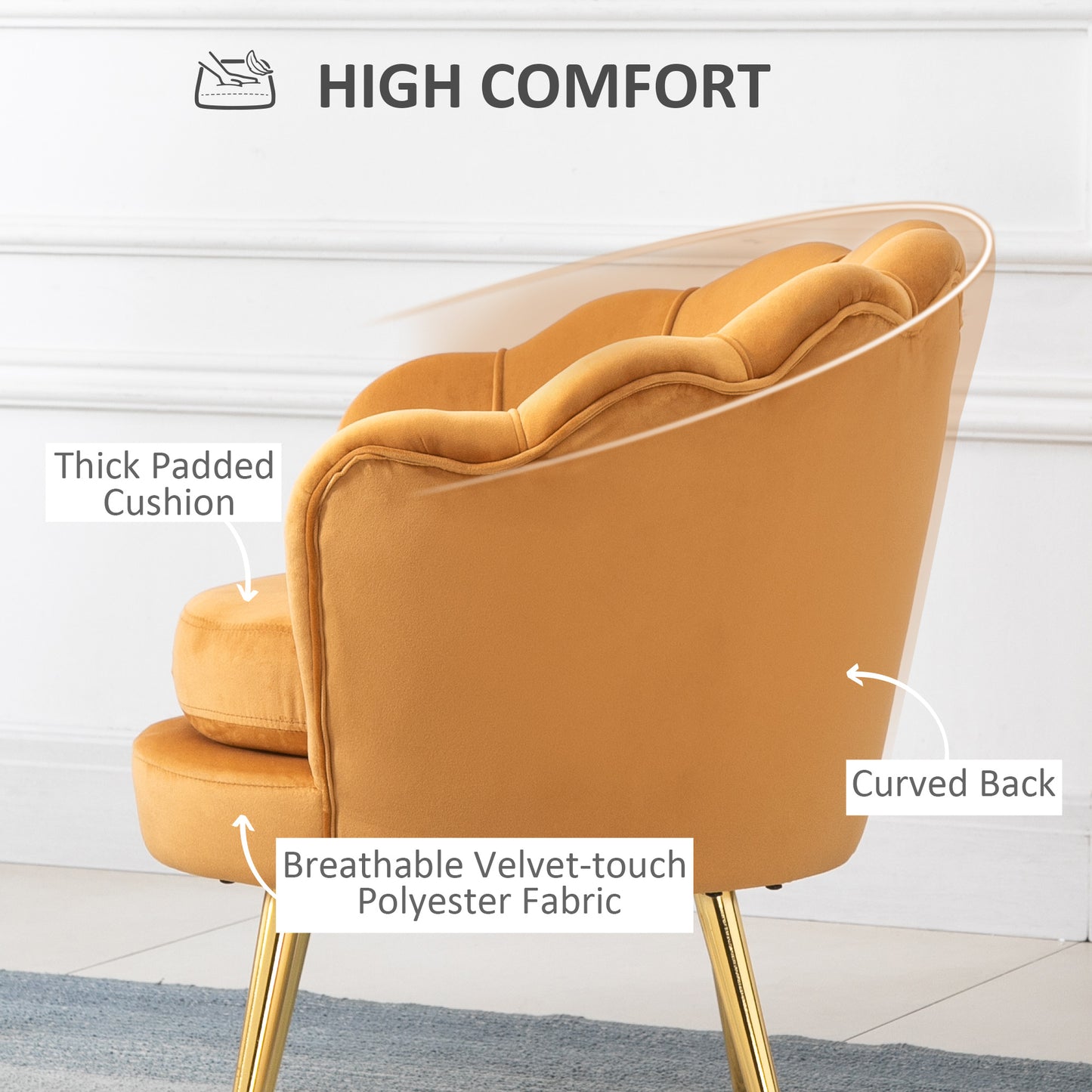 HOMCOM Modern Accent Chair, Velvet-Touch Fabric Leisure Club Chair with Gold Metal Legs for Bedroom, Blue