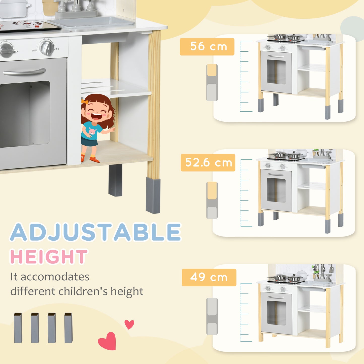 Qaba Wooden Play Kitchen with Realistic Lights Sounds, Microwave, Range Hood, Cooking Accessories, Adjustable Height, White