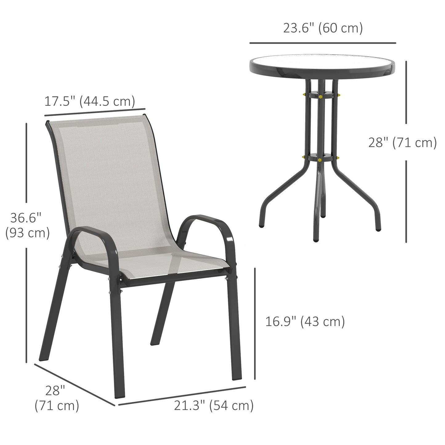 Outsunny 3 Pieces Bistro Set, Small Patio Furniture Set with Stackable Mesh Chairs, Glass Table for Garden, Balcony, Black
