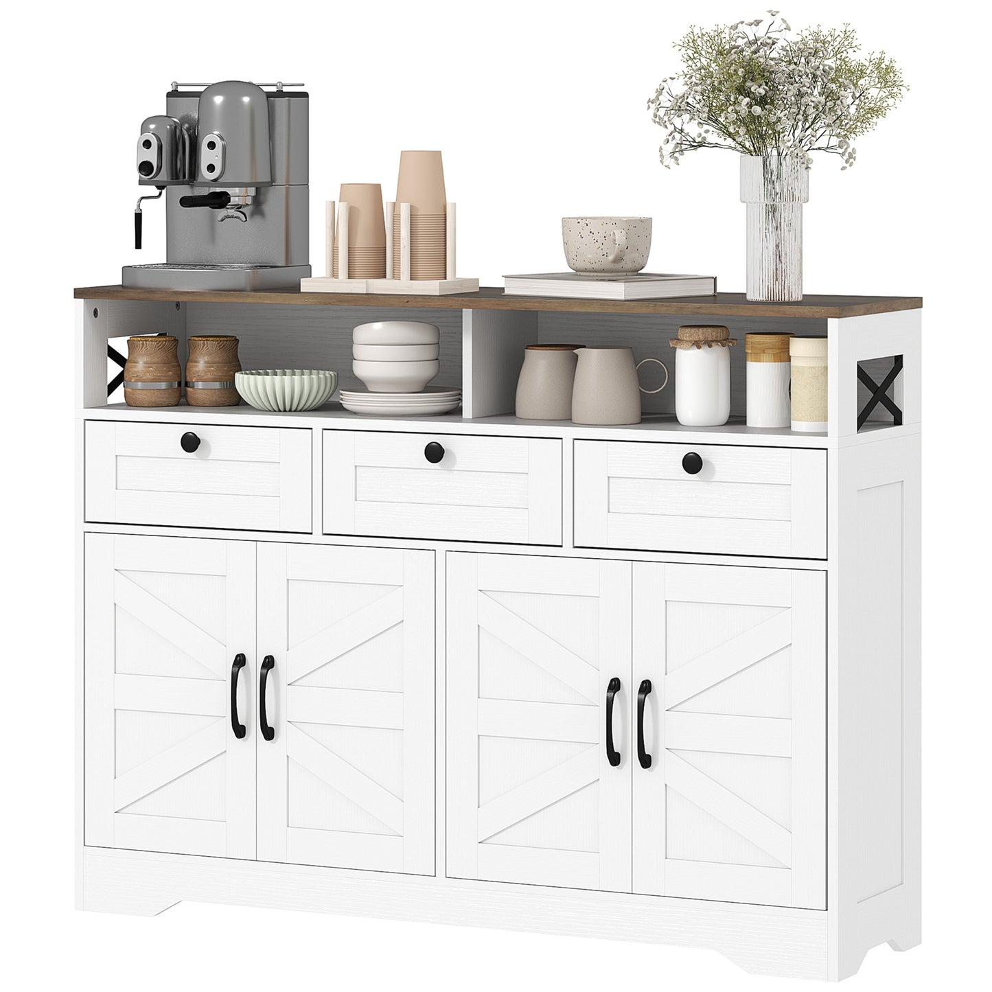 HOMCOM Sideboard, Buffet Cabinet with 4 Barn Doors and 3 Drawers, Coffee Bar Cabinet with Adjustable Shelves, Black