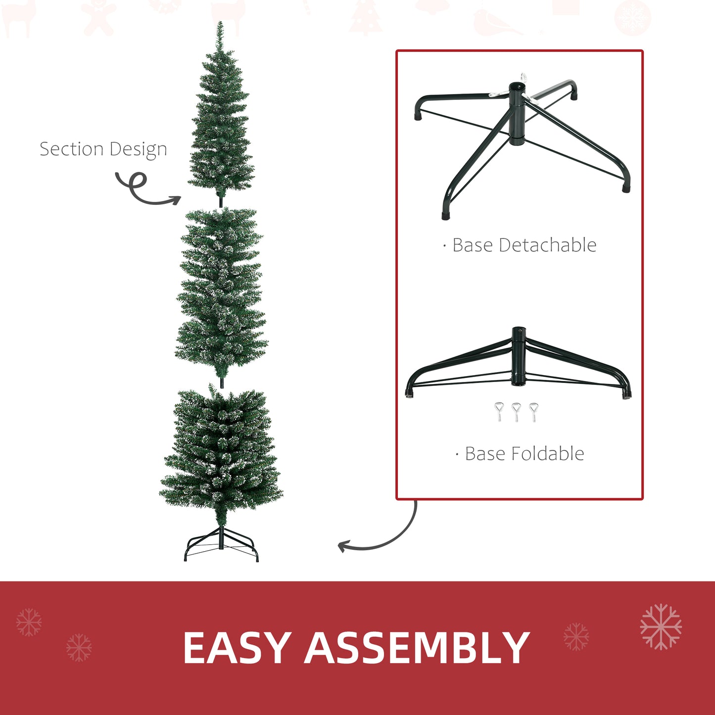 HOMCOM 6FT Artificial Snow Dipped Christmas Tree Xmas Pencil Tree Holiday Home Indoor Decoration with Foldable Black Stand, Green