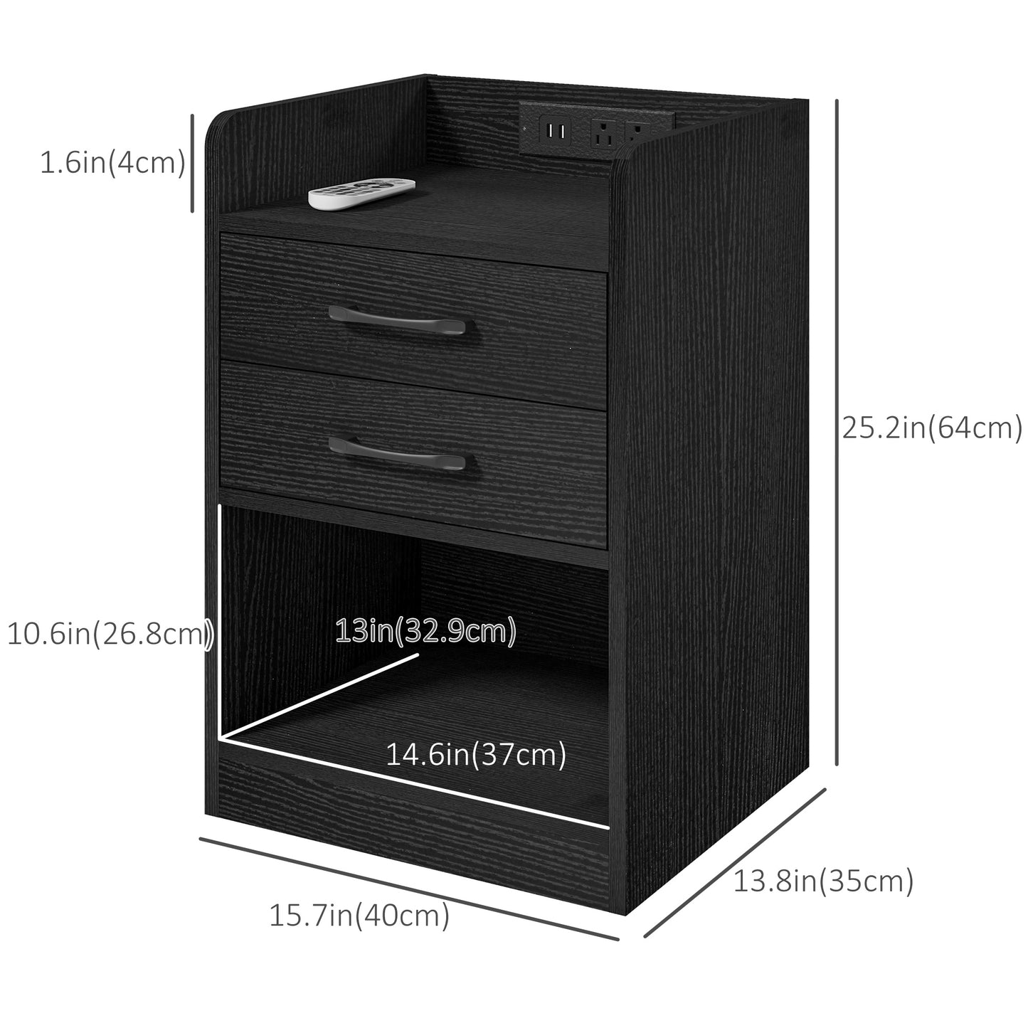 HOMCOM Tall Nightstand with Charging Station and LED Lights, Small Bedside Table with AC Outlets, USB Ports, 2 Drawers, Shelf