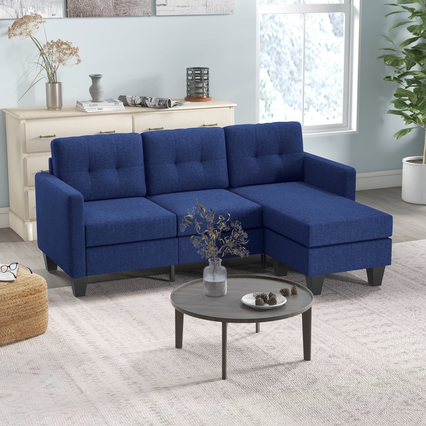 HOMCOM L-shaped Sofa, 3 Seater Couch with Ottoman, Corner Sofa with Thick Padded Cushion and Wood Legs, Dark Grey