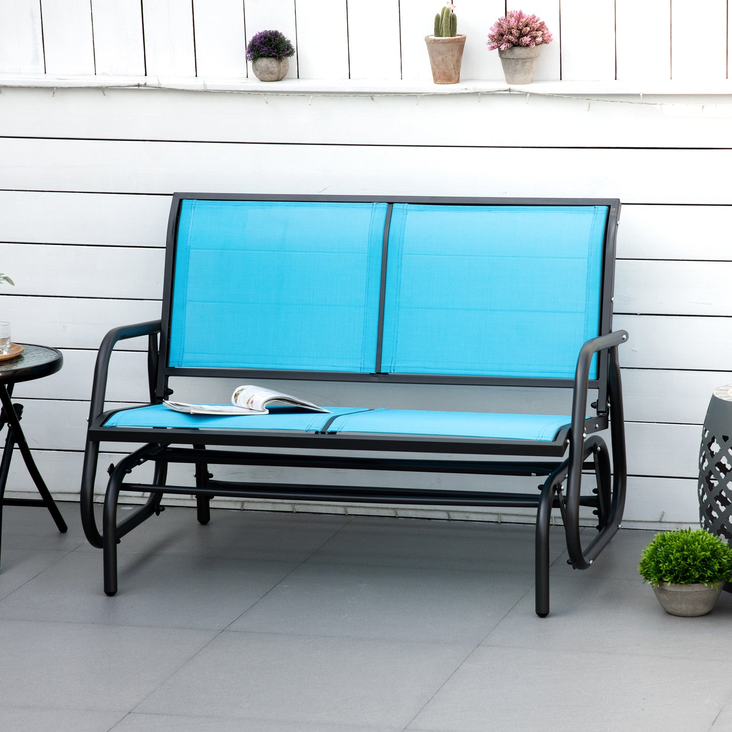 Outsunny Patio Double Glider Outdoor Steel Sling Fabric Gliding Bench Garden Swing Chair Heavy-Duty Porch Rocker Garden Loveseat Blue