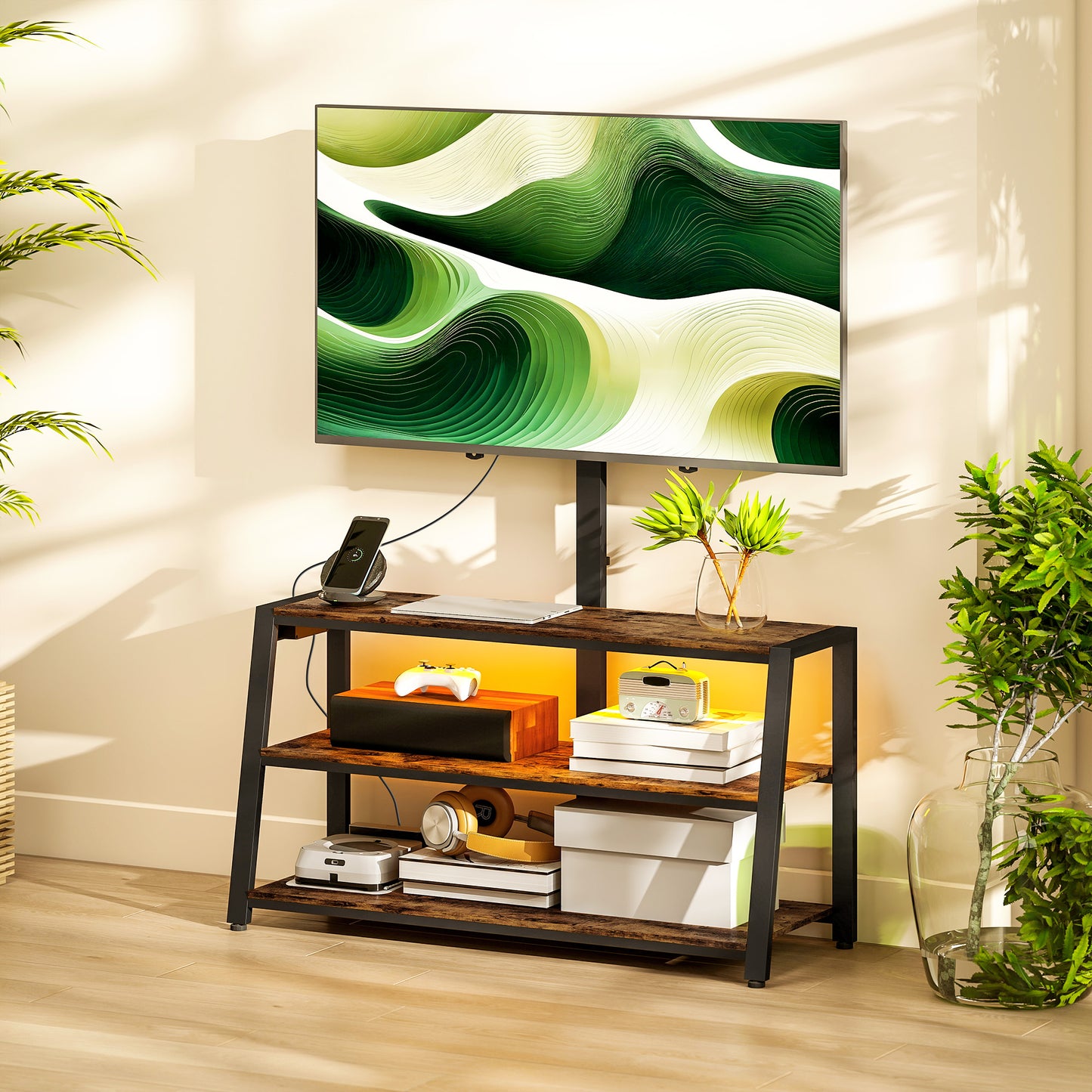 HOMCOM TV Stand with Mount and Power Outlet, Swivel TV Stand Mount with LED Lights for 32-70 Inch TVs for Living Room, Bedroom