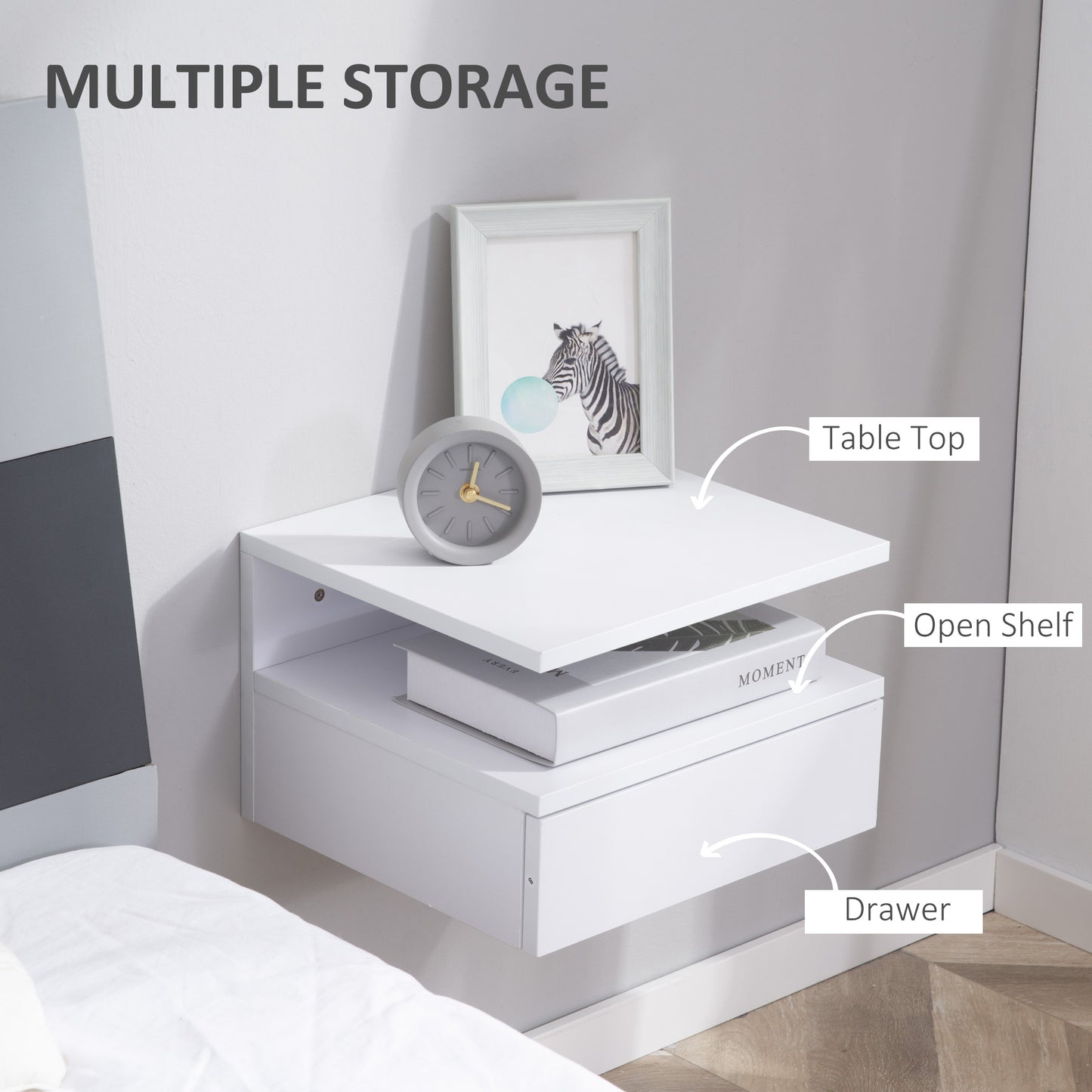 HOMCOM Set of Two Floating Bedside Tables with Drawer and Open Shelf for Bedroom, White