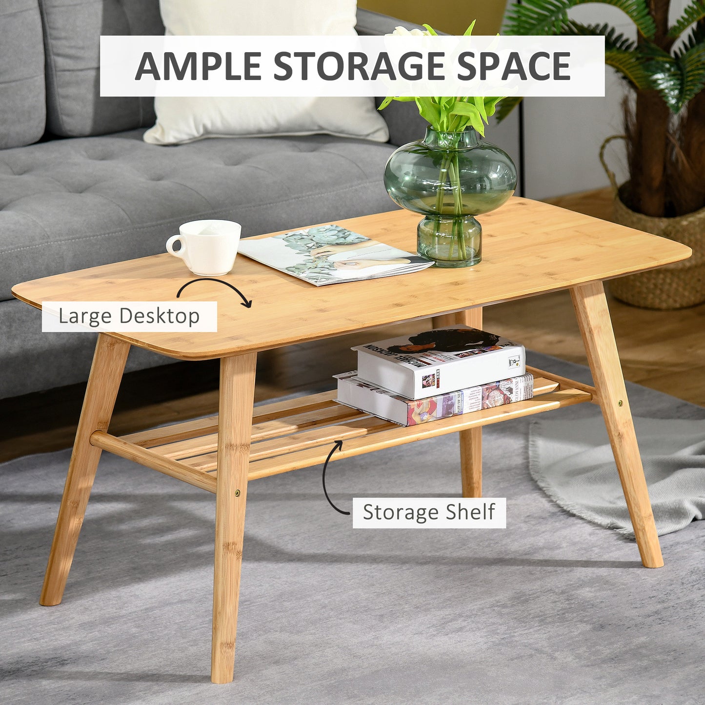 HOMCOM 2 Tier Coffee Table Bamboo Tea Table with Storage Shelf Sleek Rectangle Desk Wood Grain Living Room Home Furniture 39.25" x 19.75" x 19.75"
