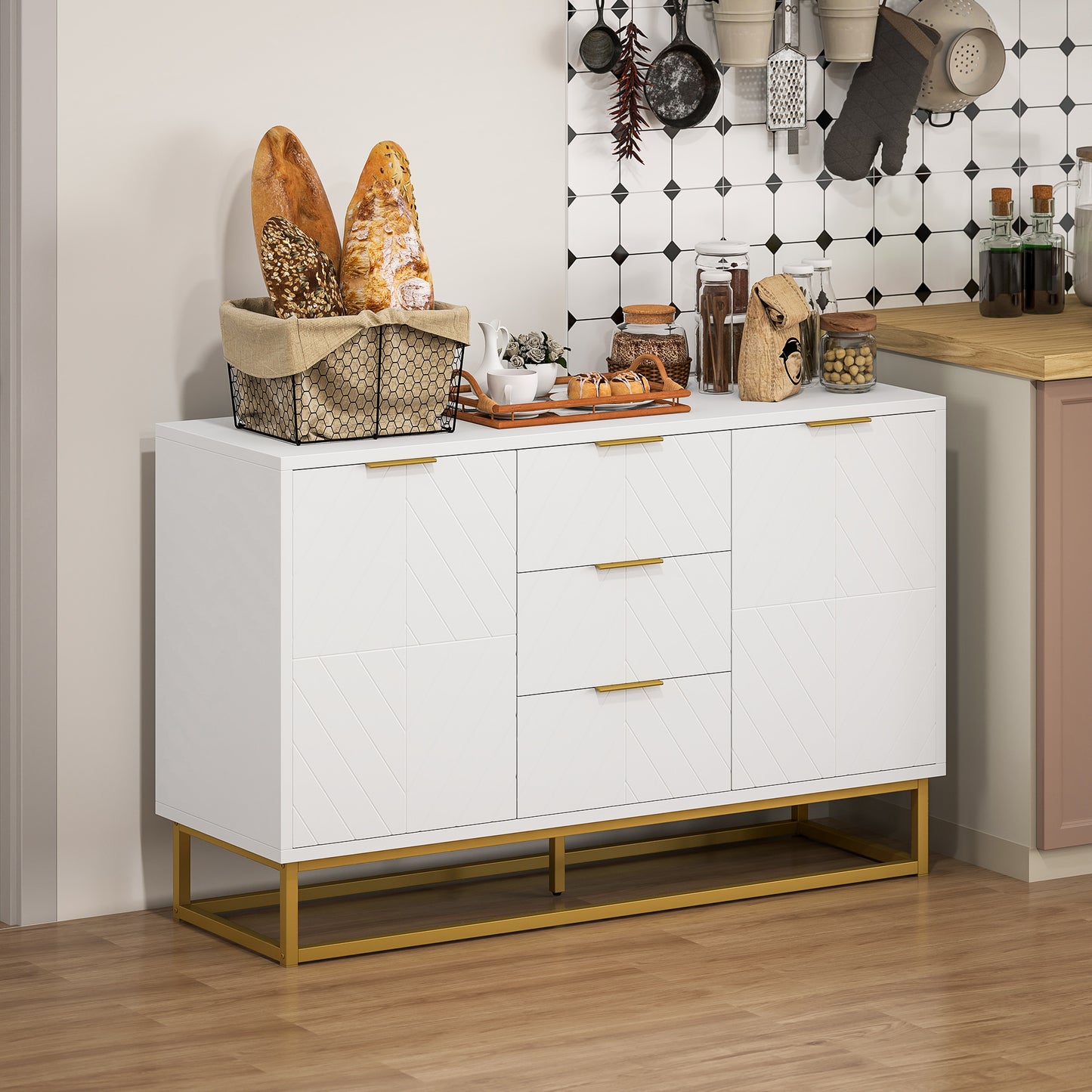 HOMCOM 47" Sideboard Buffet Cabinet with Storage, Contemporary Buffet Cabinet with Adjustable Shelves and Metal Legs, Kitchen Storage Cabinet with Elevated Base, White