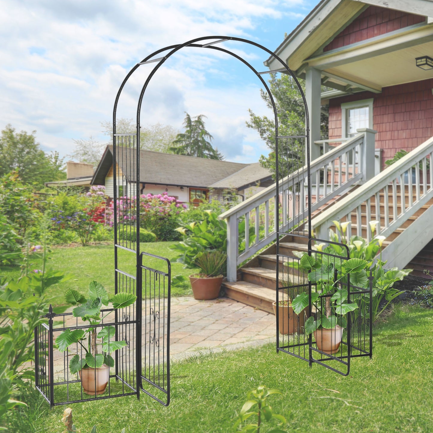 Outsunny 7.2FT Metal Garden Arbor Arch with Double Doors, 2 Side Planter Baskets, Climbing Vine Frame, Black