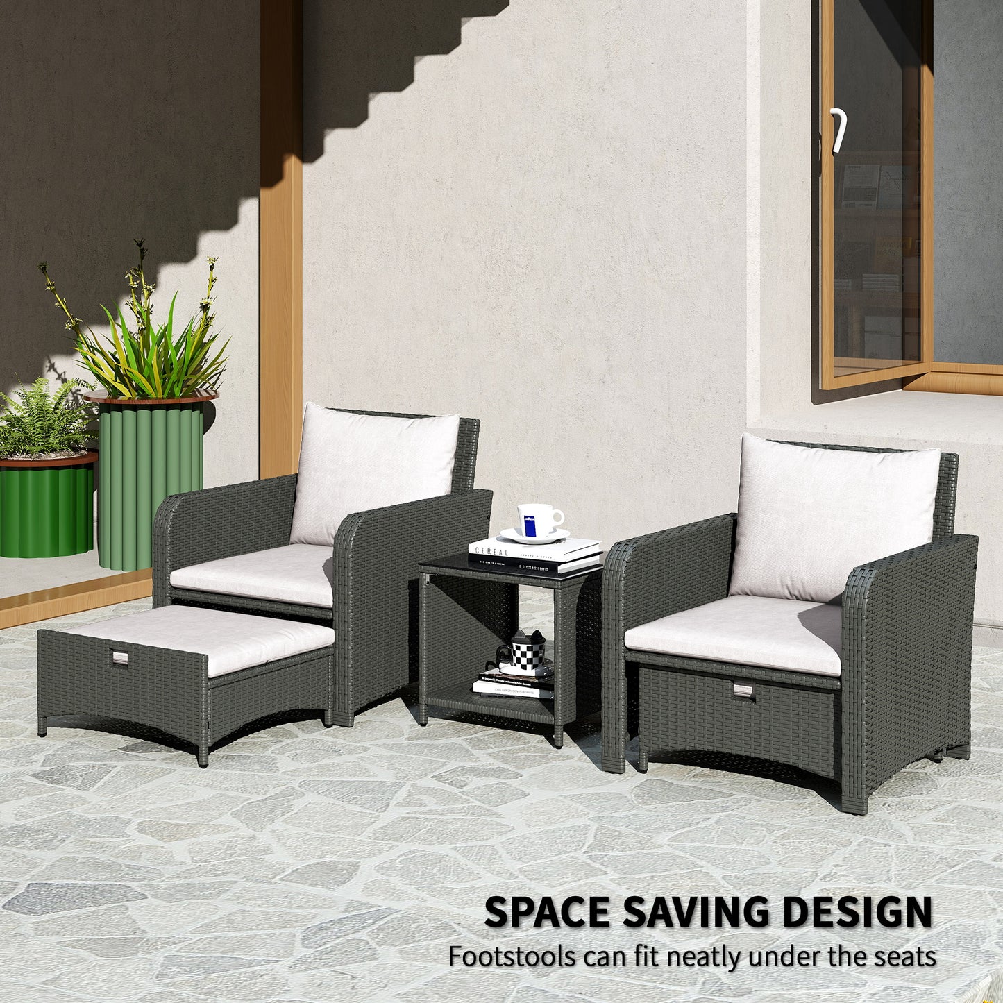 Outsunny 5 Piece Rattan Balcony Furniture Set, Wicker Outdoor Furniture Set with 2-Tier Coffee Table, Ottomans, Grey, Cream White